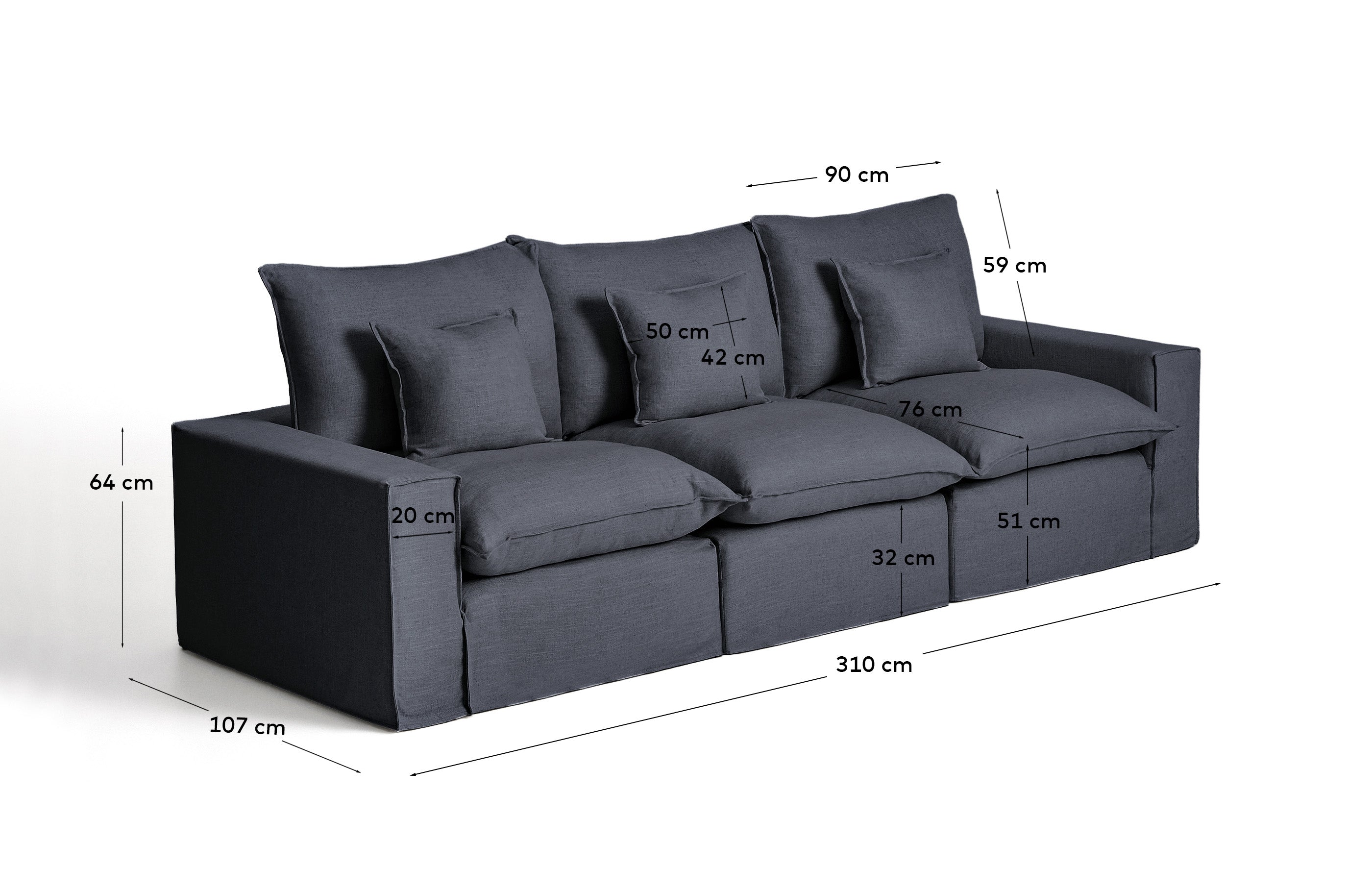 Elegantes 3-Sitzer-Modularsofa Anarela in Dunkelgrau, gefertigt aus Leinen und Viskose, mit abnehmbarem Bezug für flexibles Wohnen.