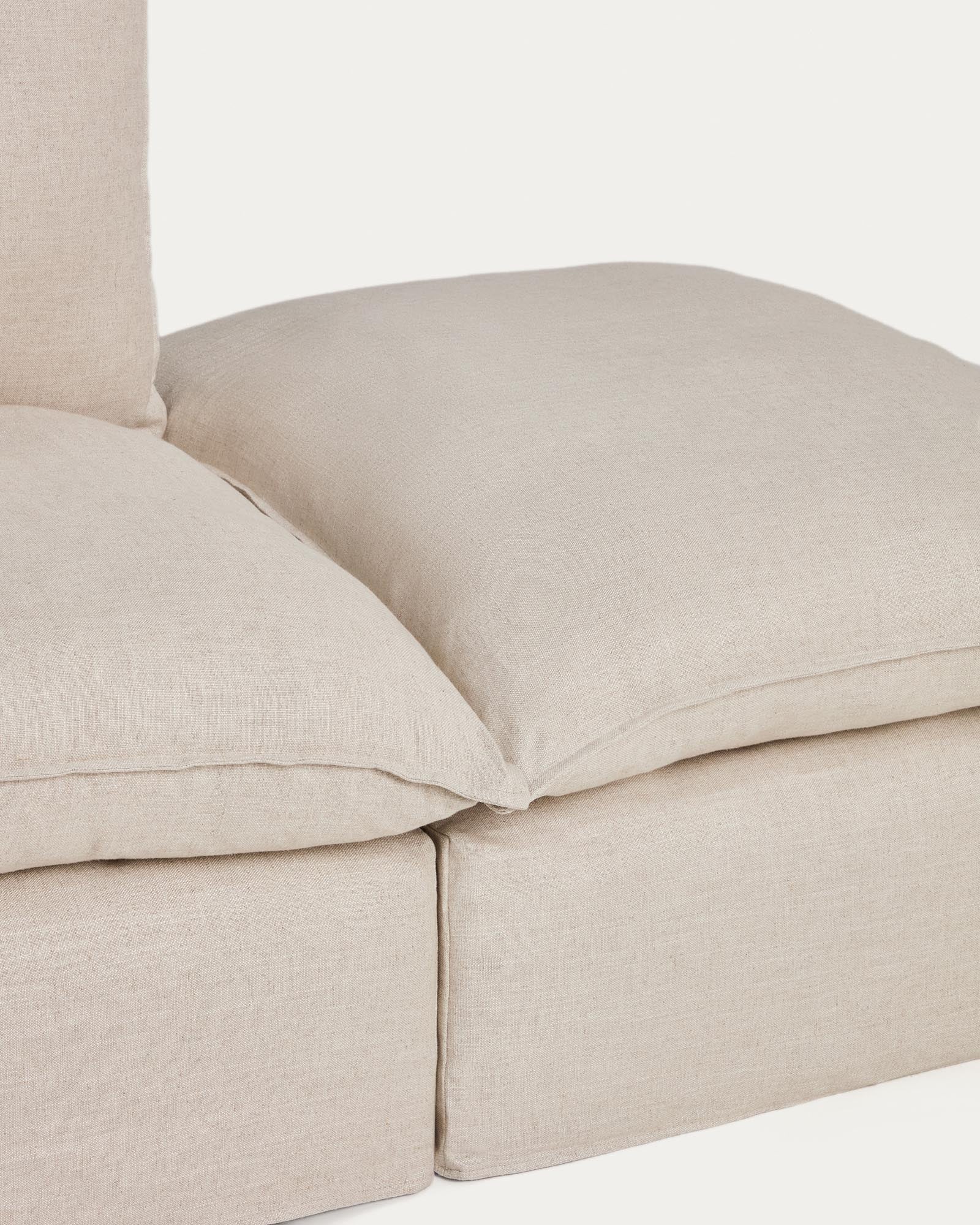 Beige 3-Sitzer-Modularsofa Anarela, 310 cm, aus Leinen und Viskose, mit abnehmbarem Bezug und stilvollem Randmodul für zeitgemäße Wohnräume.