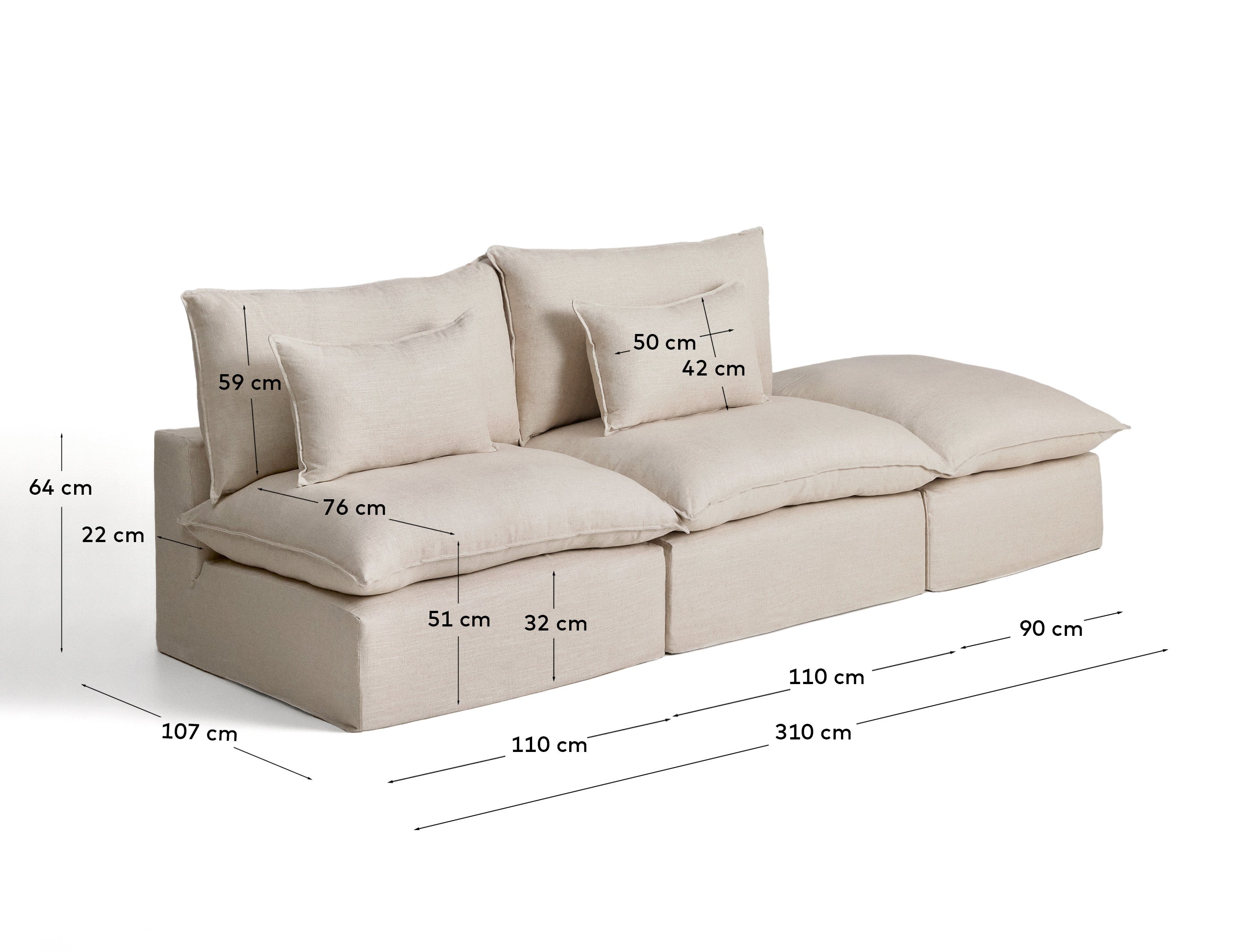 Beige 3-Sitzer-Modularsofa Anarela, 310 cm, aus Leinen und Viskose, mit abnehmbarem Bezug und stilvollem Randmodul für modernes Wohnen.