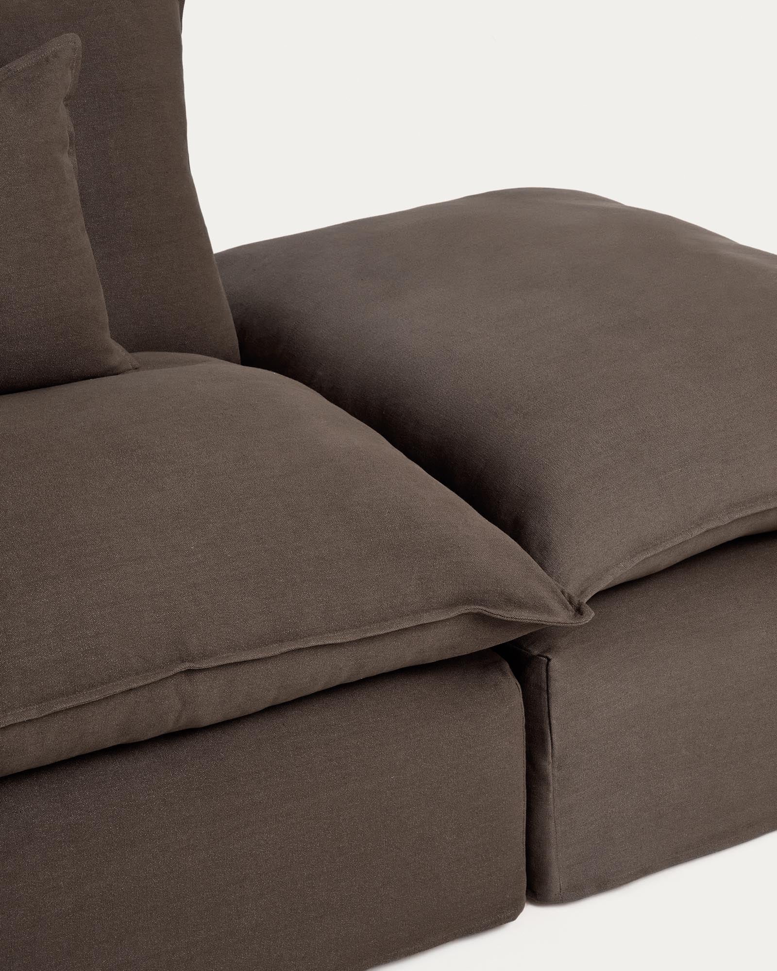 Elegantes 2-Sitzer-Modularsofa Anarela in Taupe, ausgestattet mit abnehmbarem Leinenbezug und praktischem Randmodul für vielseitige Wohnkonzepte.