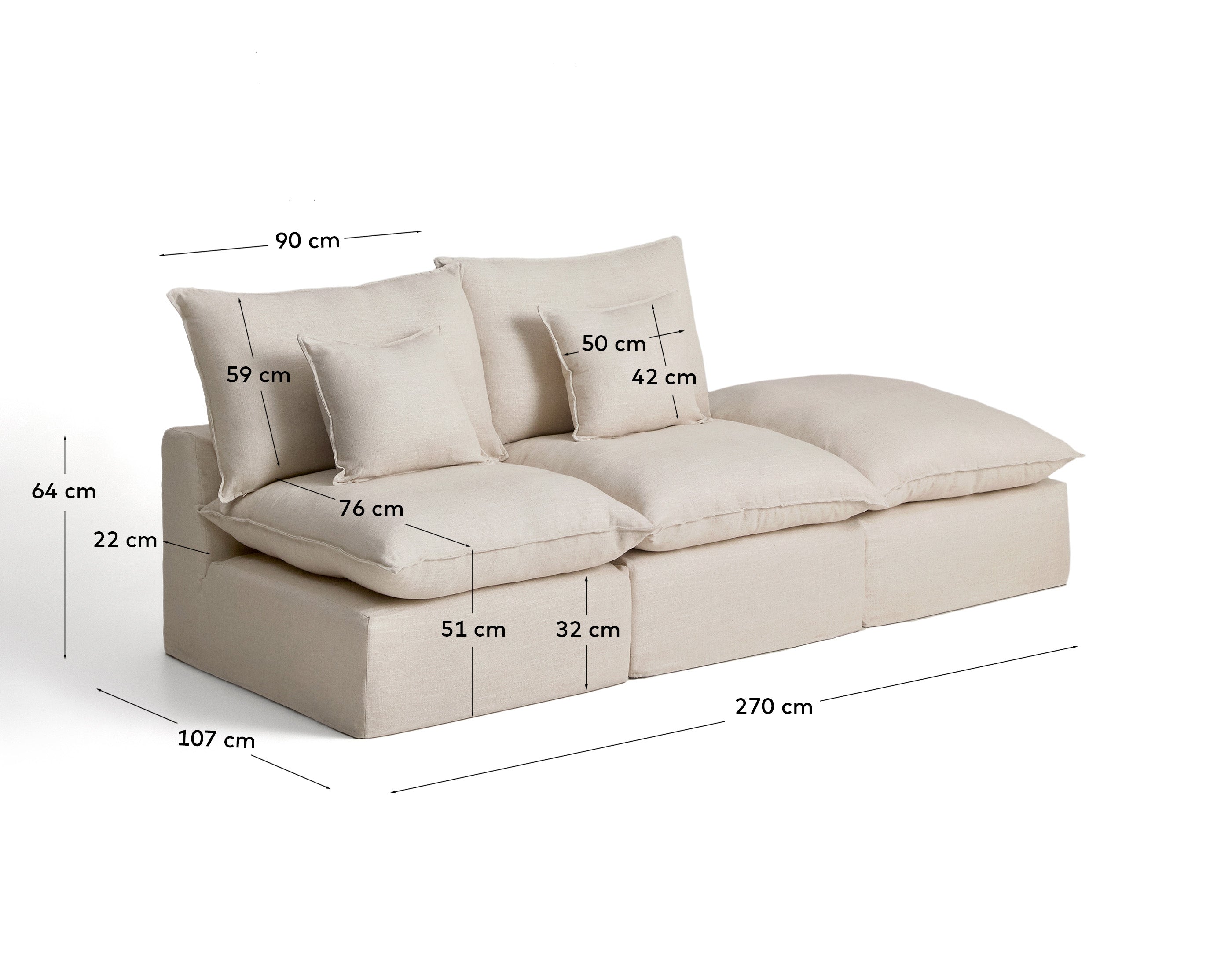 Beige 2-Sitzer-Modularsofa Anarela, 270 cm, aus Leinen und Viskose, mit abnehmbarem Bezug und modernem Design für gemütliche Wohnzimmer.