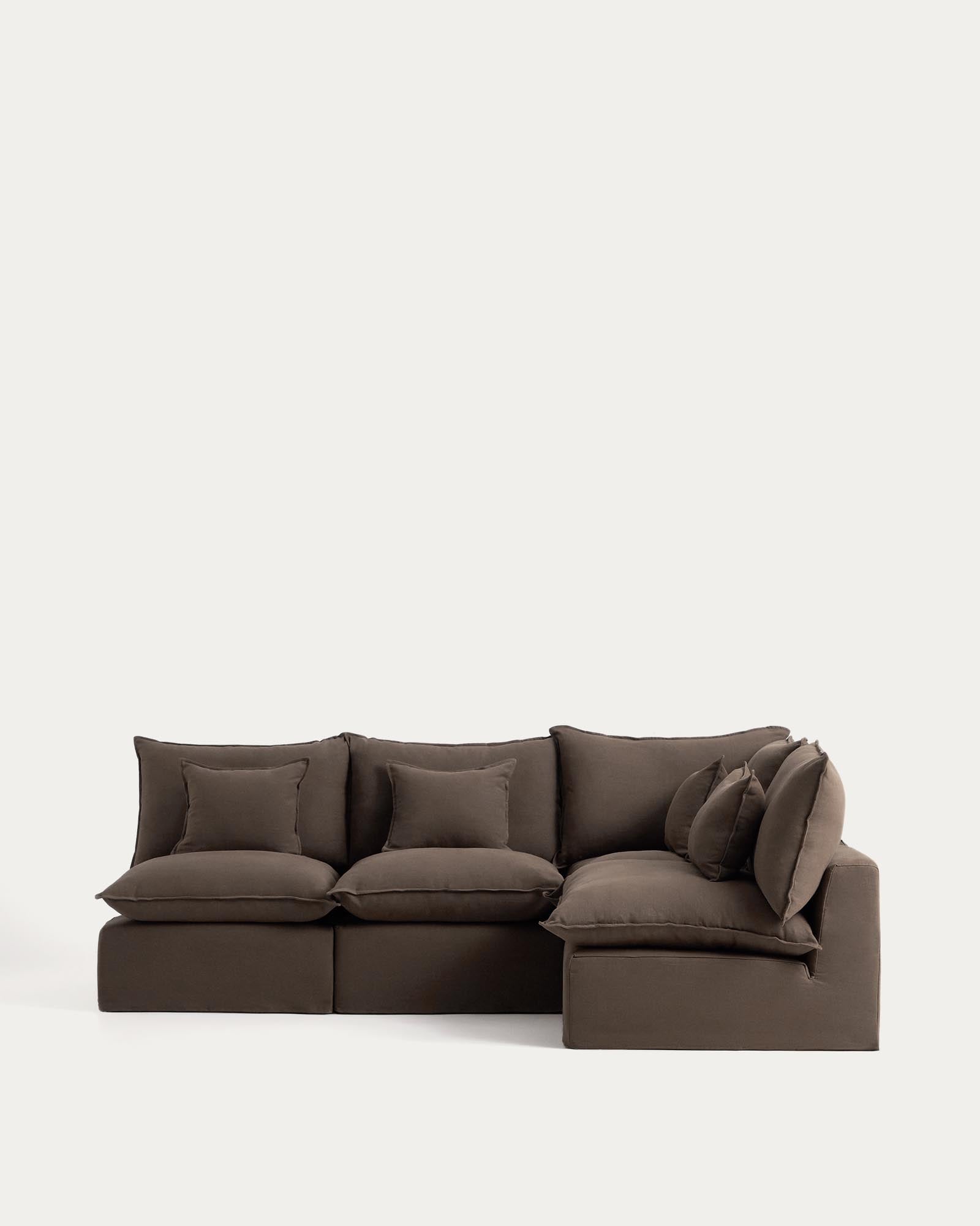 Modulares 4-Sitzer-Ecksofa Anarela mit abnehmbarem Bezug aus Leinen in Taupe, 287 x 197 cm / 197 x 287 cm, FSC Mix Credit in Taupe präsentiert im Onlineshop von KAQTU Design AG. 4er Sofa ist von Kave Home