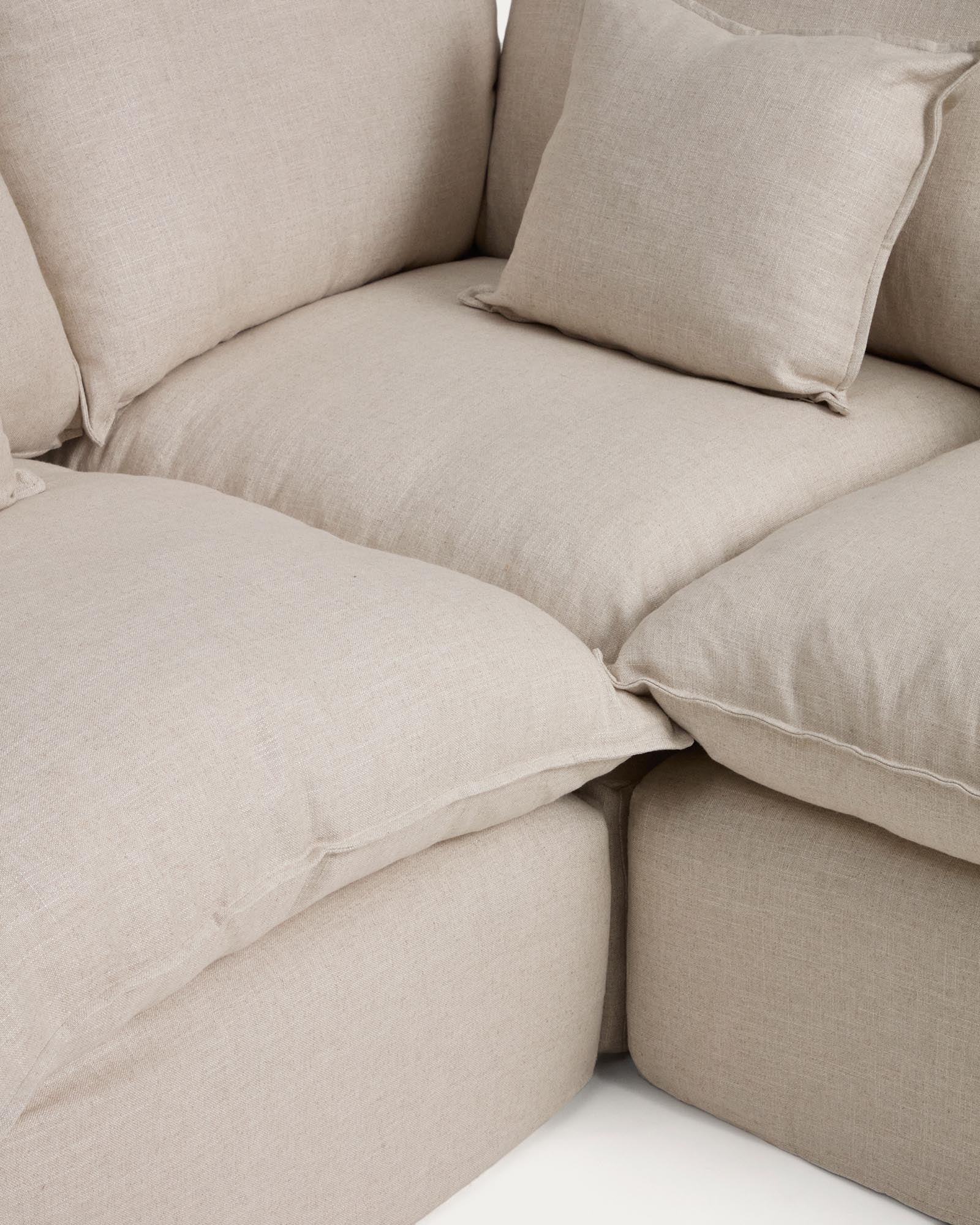 Beige Ecksofa Anarela für 4 Personen, modulares Design mit abnehmbarem Bezug aus Leinen und Viskose, perfekt für moderne Wohnkonzepte, 287 x 197 cm.