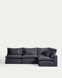 Modulares 6-Sitzer-Ecksofa Anarela mit abnehmbarem Bezug aus Leinen und Viskose in Dunkelgrau, 327 x 217 cm / 217 x 327 cm, FSC Mix Credit