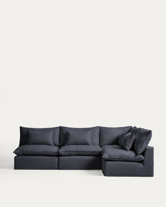 Modulares 6-Sitzer-Ecksofa Anarela mit abnehmbarem Bezug aus Leinen und Viskose in Dunkelgrau, 327 x 217 cm / 217 x 327 cm, FSC Mix Credit