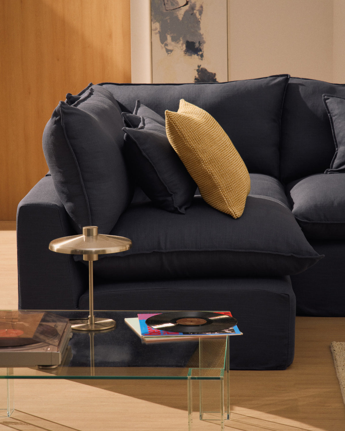 Modulares 6-Sitzer-Ecksofa Anarela mit abnehmbarem Bezug aus Leinen und Viskose in Dunkelgrau, 327 x 217 cm / 217 x 327 cm, FSC Mix Credit in Dunkelgrau präsentiert im Onlineshop von KAQTU Design AG. 5er Sofa ist von Kave Home