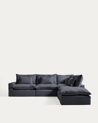 Modulares 6-Sitzer-Ecksofa Anarela mit abnehmbarem Bezug aus Leinen und Viskose in Dunkelgrau, 347 x 307 cm, FSC Mix Credit