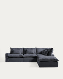 Modulares 6-Sitzer-Ecksofa Anarela mit abnehmbarem Bezug aus Leinen und Viskose in Dunkelgrau, 347 x 307 cm, FSC Mix Credit