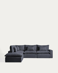 Modulares 6-Sitzer-Ecksofa Anarela mit abnehmbarem Bezug aus Leinen und Viskose in Dunkelgrau, 307 x 347 cm, FSC Mix Credit