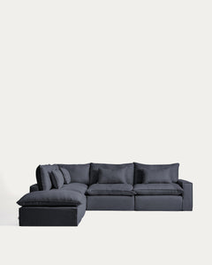 Modulares 6-Sitzer-Ecksofa Anarela mit abnehmbarem Bezug aus Leinen und Viskose in Dunkelgrau, 307 x 347 cm, FSC Mix Credit