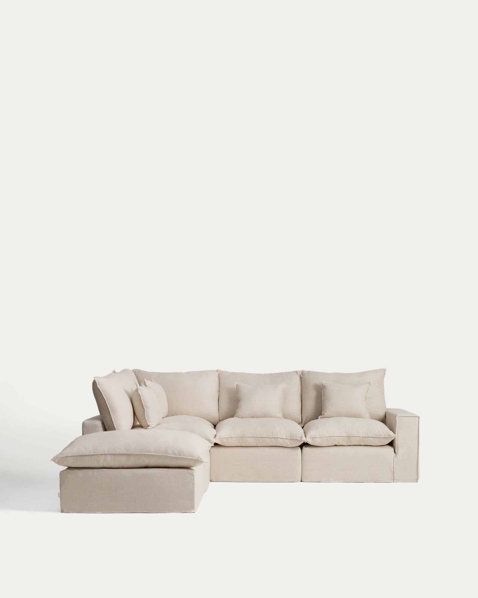 Modulares 4-Sitzer-Ecksofa Anarela mit abnehmbarem Bezug aus Leinen und Viskose in Beige, 287 x 307 cm, FSC Mix Credit in Beige präsentiert im Onlineshop von KAQTU Design AG. 4er Sofa ist von Kave Home