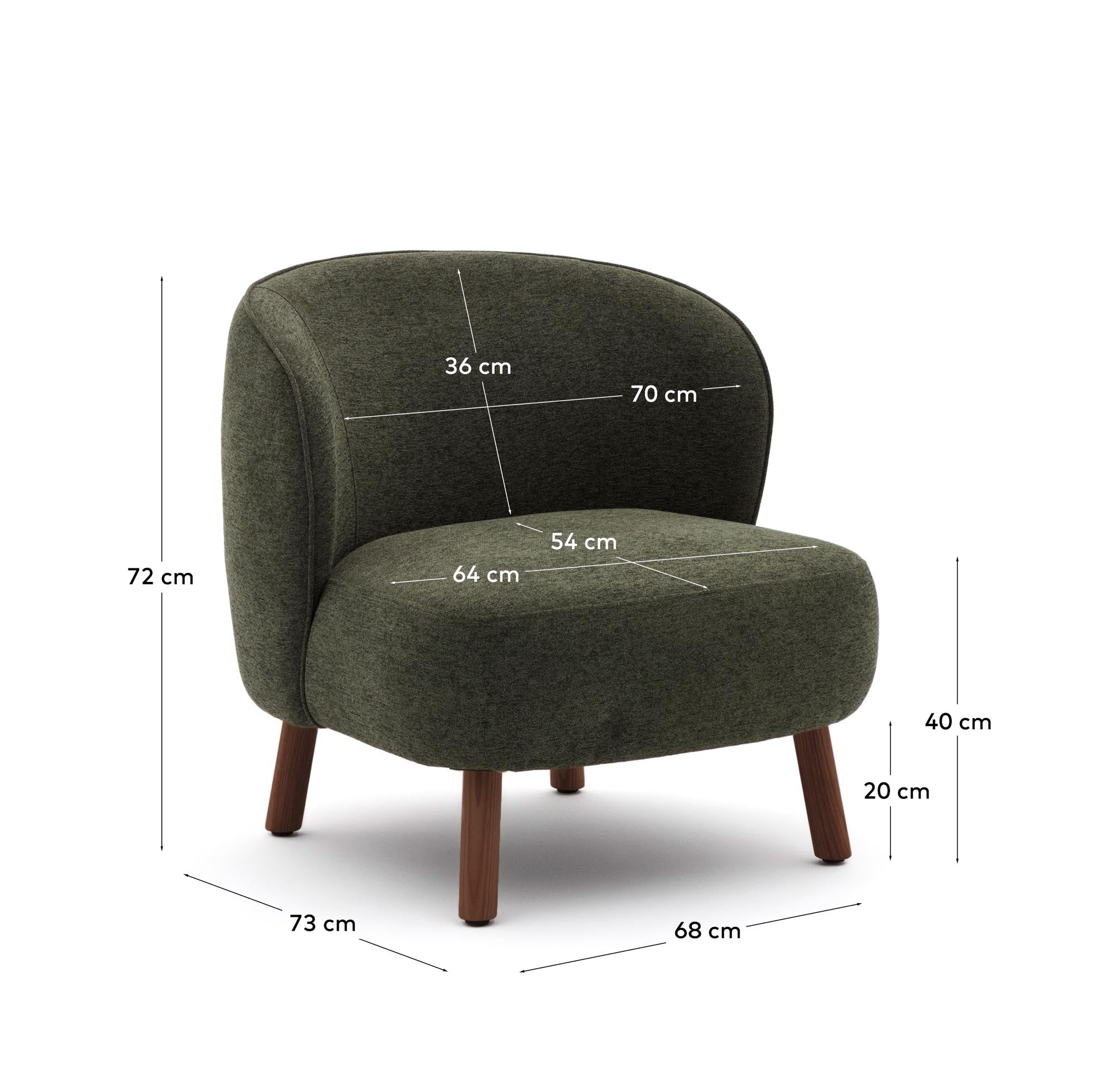 Eleganter Sessel Ulit in grünem Chenille, ausgestattet mit stabilen Eschenholzbeinen in Nussbaum-Finish, ideal für stilvolle Wohnräume.