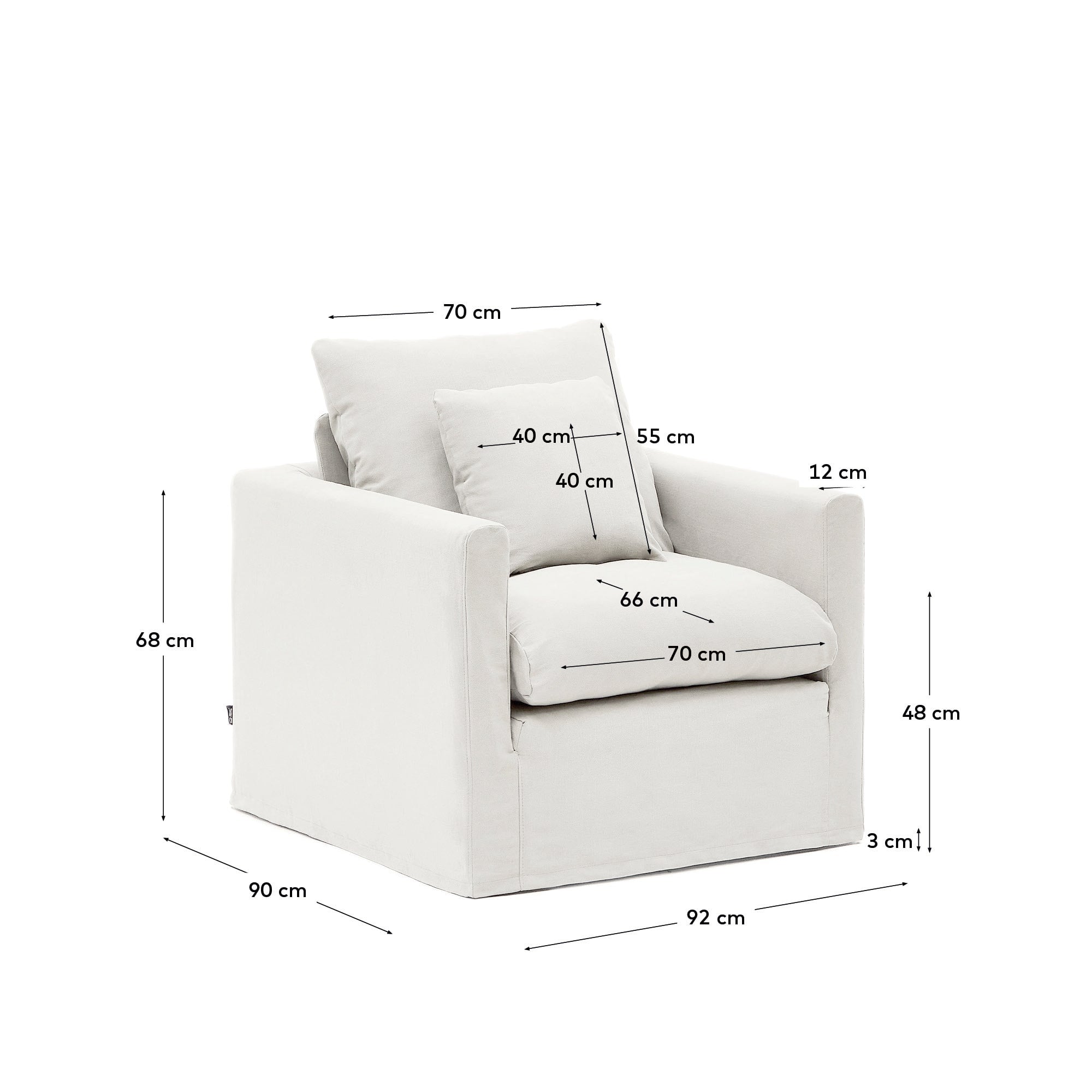 Eleganter Nora Sessel von Kave Home, 92 cm, naturfarben, mit abziehbarem Leinen-Baumwoll-Bezug, komfortabel und modern.