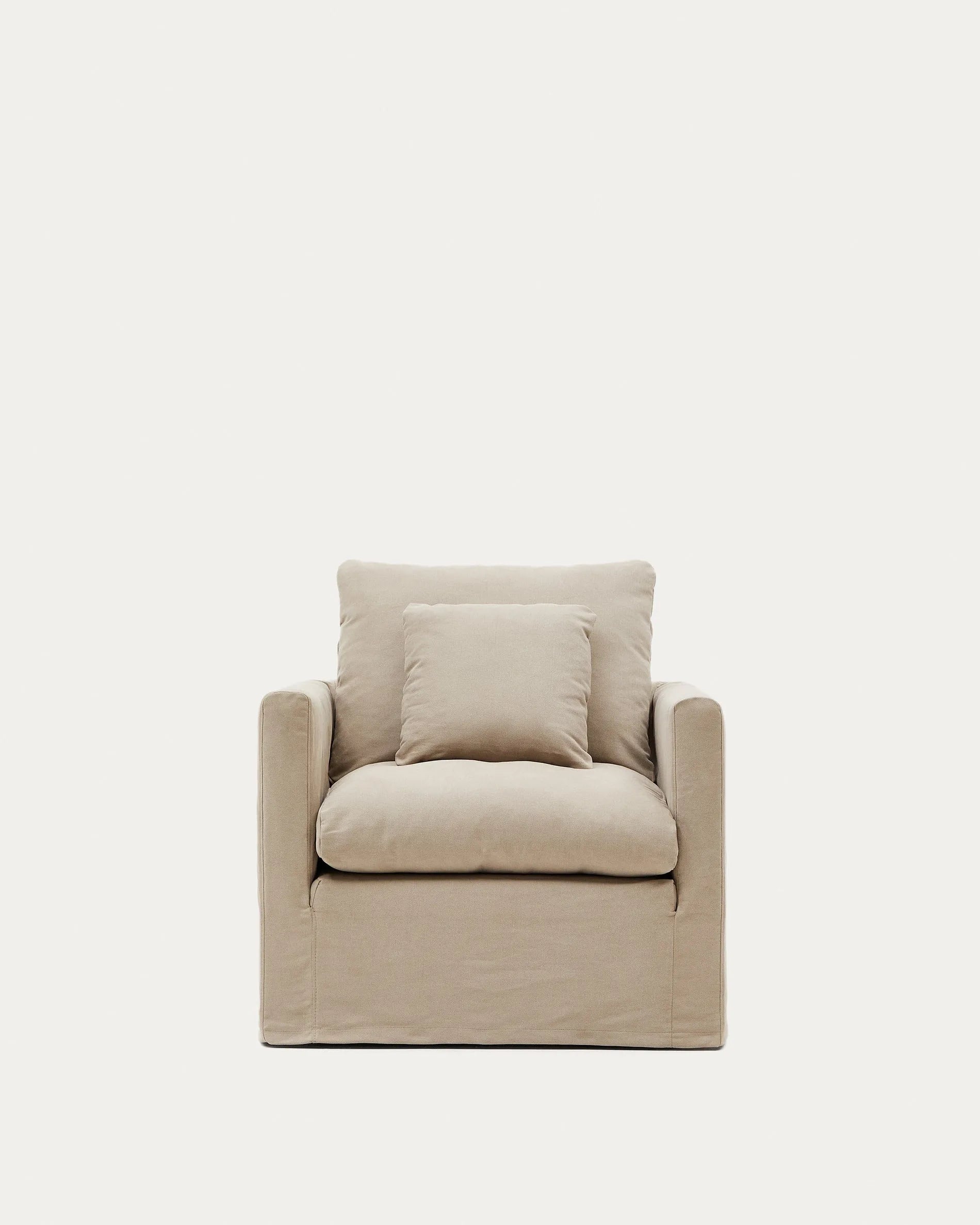 Eleganter Nora Sessel in Taupe, 92 cm, mit abziehbarem Leinen-Baumwollbezug, bietet Komfort und Stil für jeden Raum.