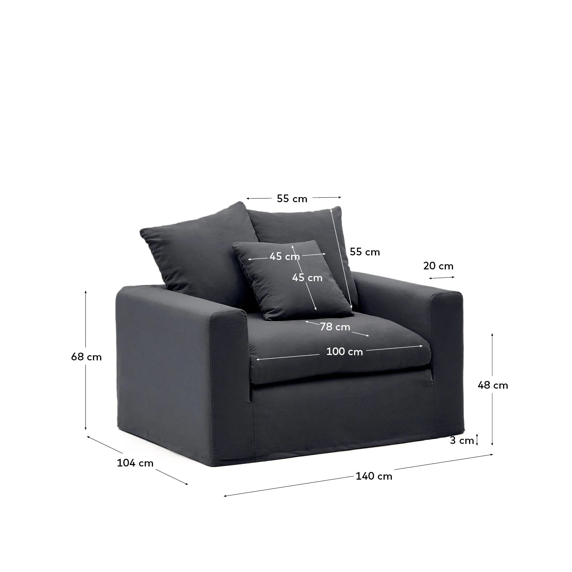 Der Nora Sessel von Kave Home: Eleganz und Komfort in Anthrazitgrau, mit abziehbarem Leinen-Baumwollbezug, 140 cm.