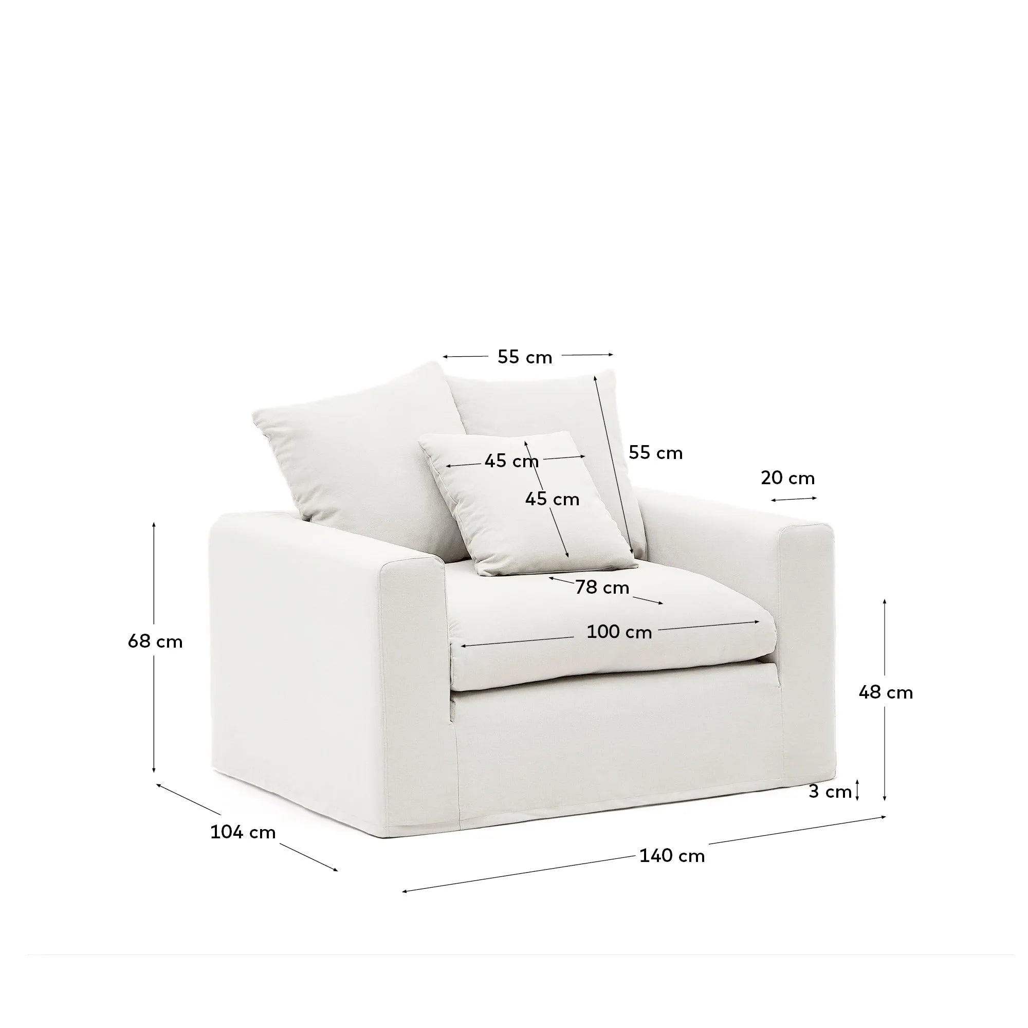Der Nora Sessel von Kave Home: 140 cm breiter Komfort mit abziehbarem Leinen-Baumwollbezug, minimalistisch und langlebig.