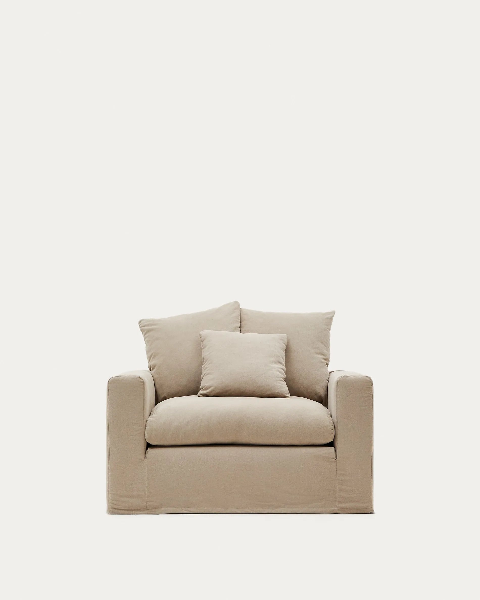 Eleganter Nora Sessel in Taupe, 140 cm, mit abziehbarem Leinen-Baumwollbezug, bietet Komfort und zeitloses Design.