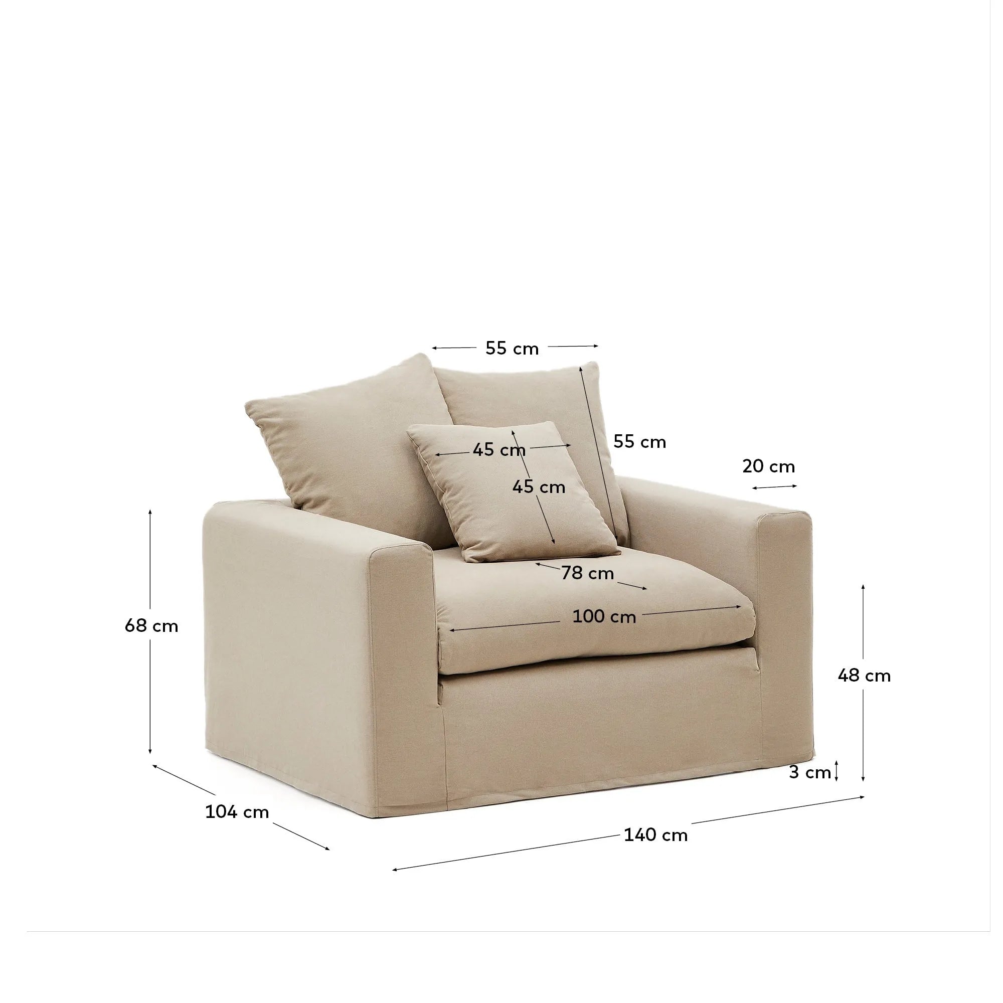 Eleganter Nora Sessel in Taupe, 140 cm, mit abziehbarem Leinen-Baumwollbezug, bietet Komfort und zeitloses Design.