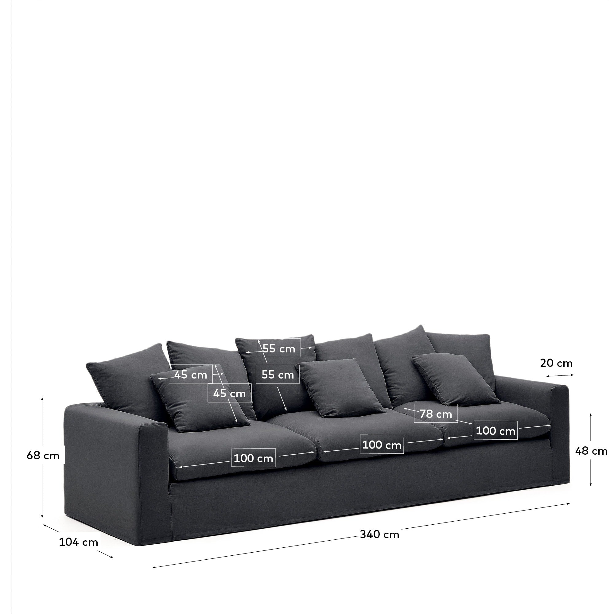 Das Nora Sofa, 4-Sitzer, 340 cm, anthrazitgrau, mit abnehmbaren Bezügen aus Leinen und Baumwolle, bietet Stil und Bequemlichkeit.