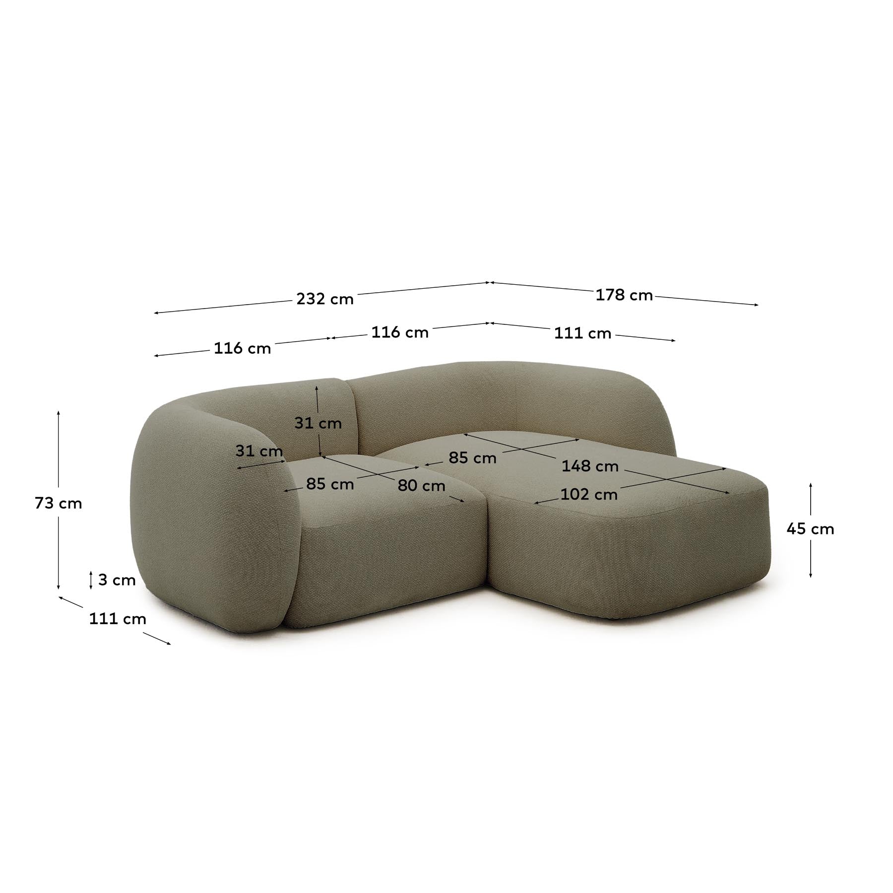 Schwer entflammbares 2-Sitzer-Modularsofa Martina mit Chenille und Chaiselongue rechts in Grün 230 cm in Grün präsentiert im Onlineshop von KAQTU Design AG. L-Sofa rechts ist von Kave Home