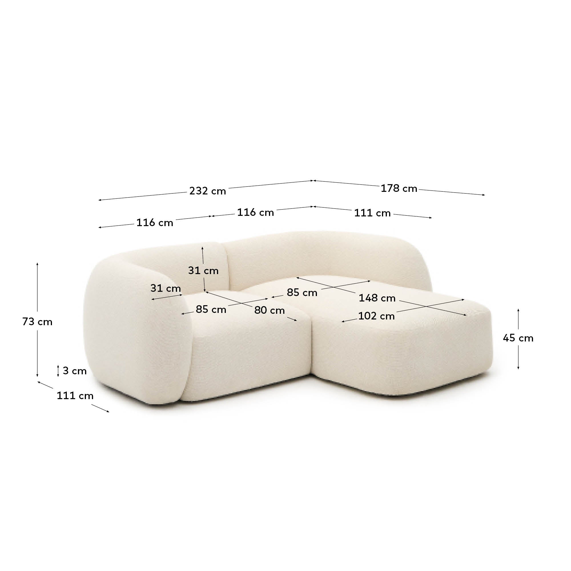 Schwer entflammbares 2-Sitzer-Modularsofa Martina mit Chenille und Chaiselongue rechts in Ecru 230 cm in Ecru präsentiert im Onlineshop von KAQTU Design AG. L-Sofa rechts ist von Kave Home