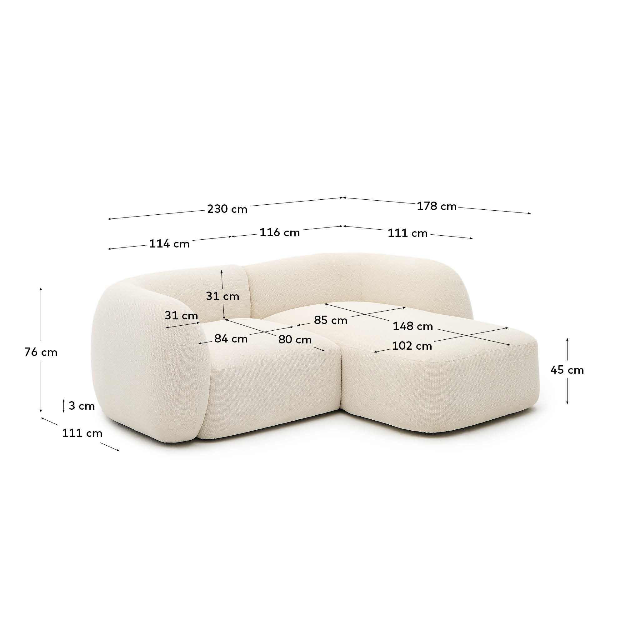 Das Martina Sofa von Kave Home: 2-Sitzer, modular, 230 cm, Chenille in Ecru, mit rechter Chaiselongue. Stilvoll und bequem.