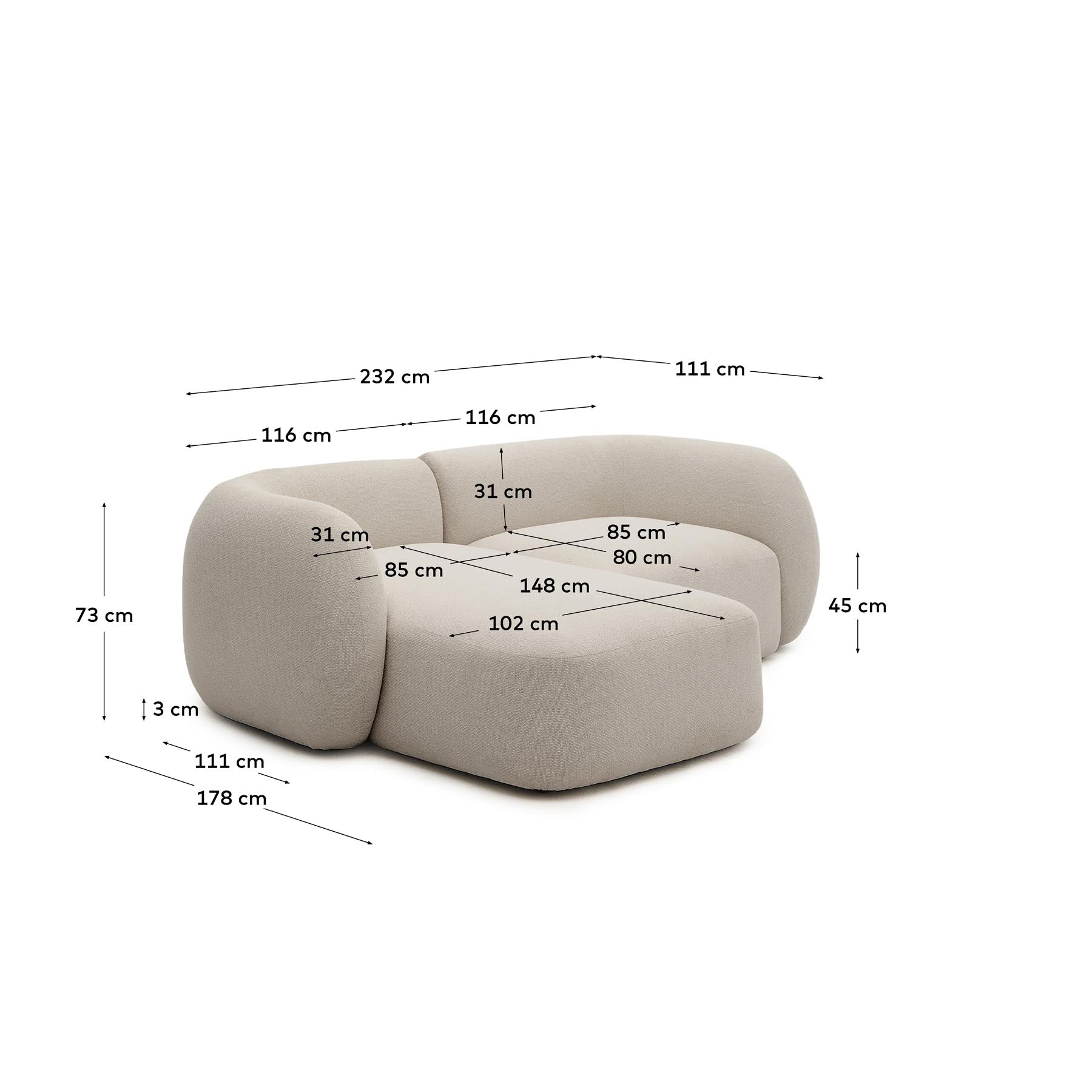 Schwer entflammbares 2-Sitzer-Modularsofa Martina mit Chenille und Chaiselongue links in Steinton 230 cm in Steinfarben präsentiert im Onlineshop von KAQTU Design AG. L-Sofa links ist von Kave Home