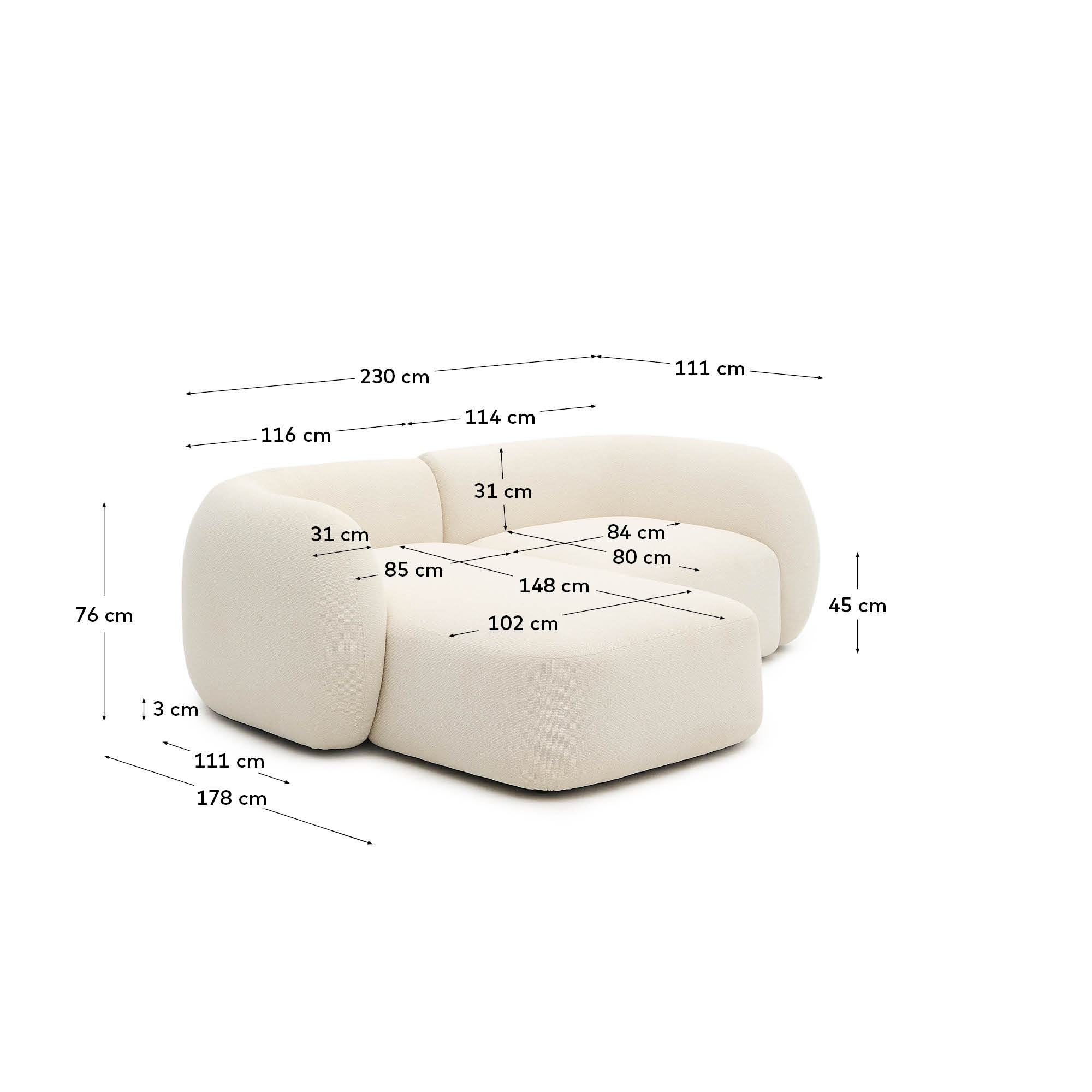 Stylisches 2-Sitzer-Modularsofa Martina in Ecru mit linker Chaiselongue. Hochwertiger Chenille-Stoff sorgt für Komfort und Eleganz in jedem Raum.