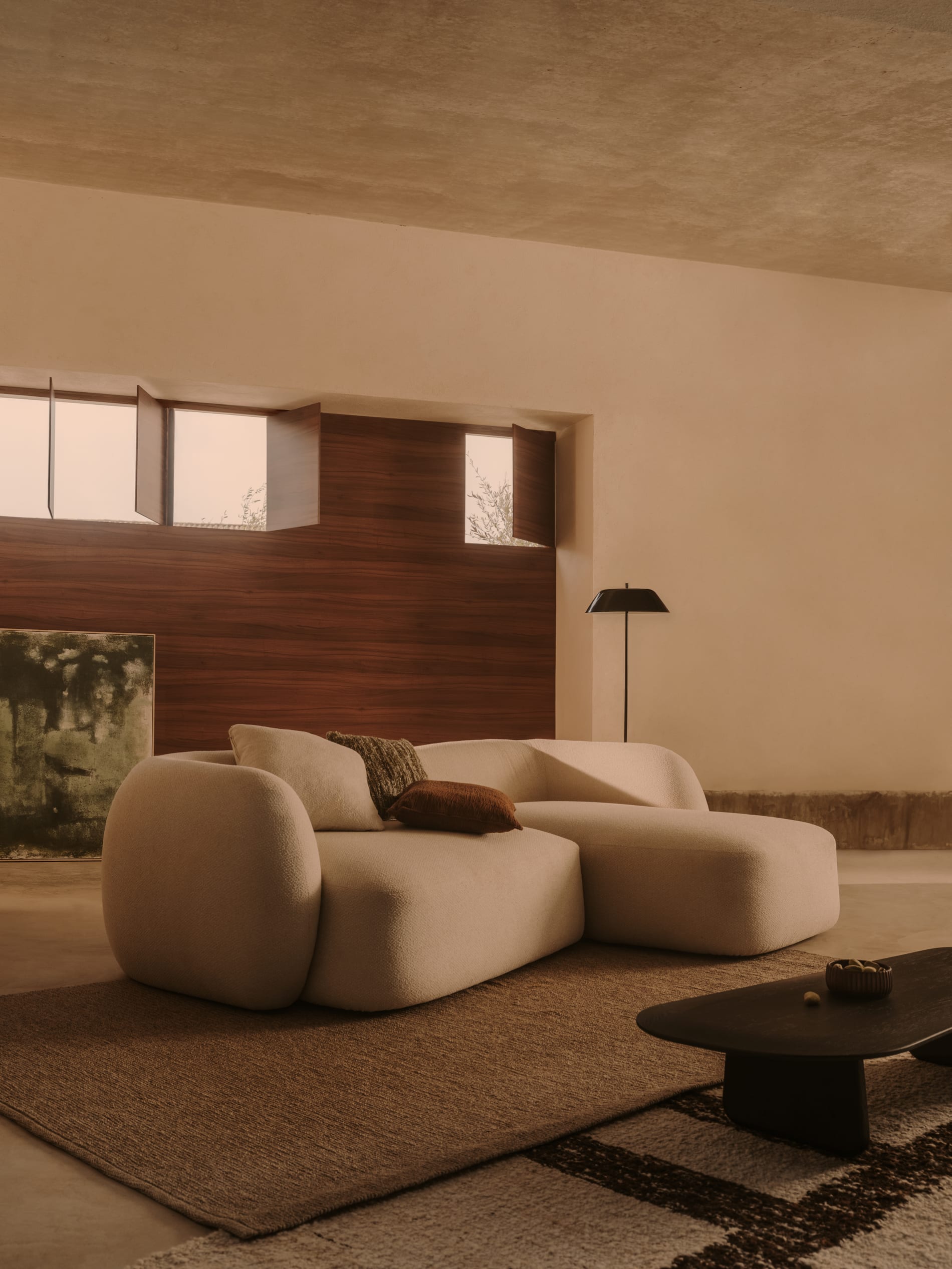 3-Sitzer-Modularsofa Martina mit Chenille und Chaiselongue rechts in Ecru 287 cm
