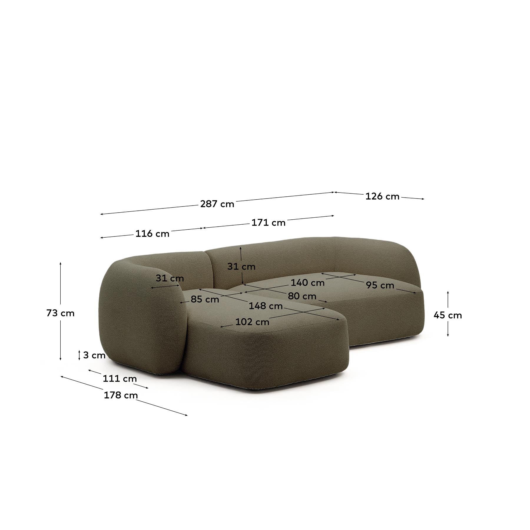 Schwer entflammbares 3-Sitzer-Modularsofa Martina mit grüner Chenille und Chaiselongue links 287 cm in Grün präsentiert im Onlineshop von KAQTU Design AG. L-Sofa links ist von Kave Home