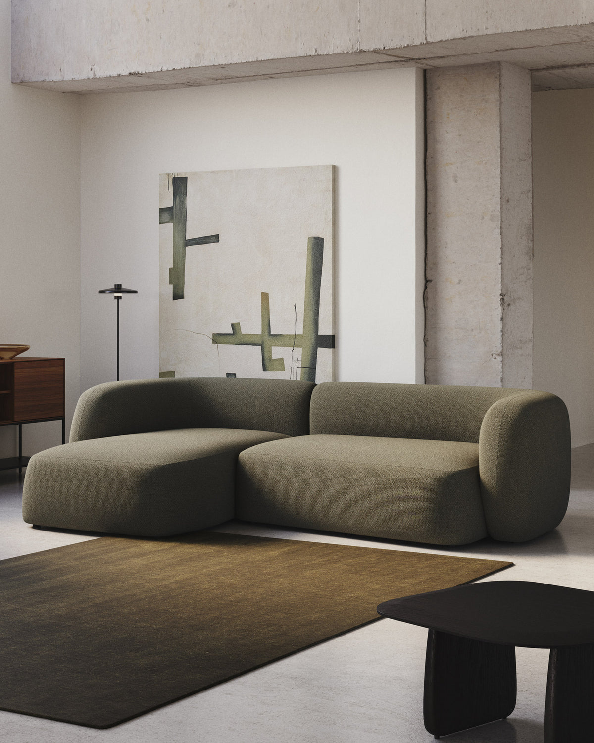 Schwer entflammbares 3-Sitzer-Modularsofa Martina mit grüner Chenille und Chaiselongue links 287 cm in Grün präsentiert im Onlineshop von KAQTU Design AG. L-Sofa links ist von Kave Home