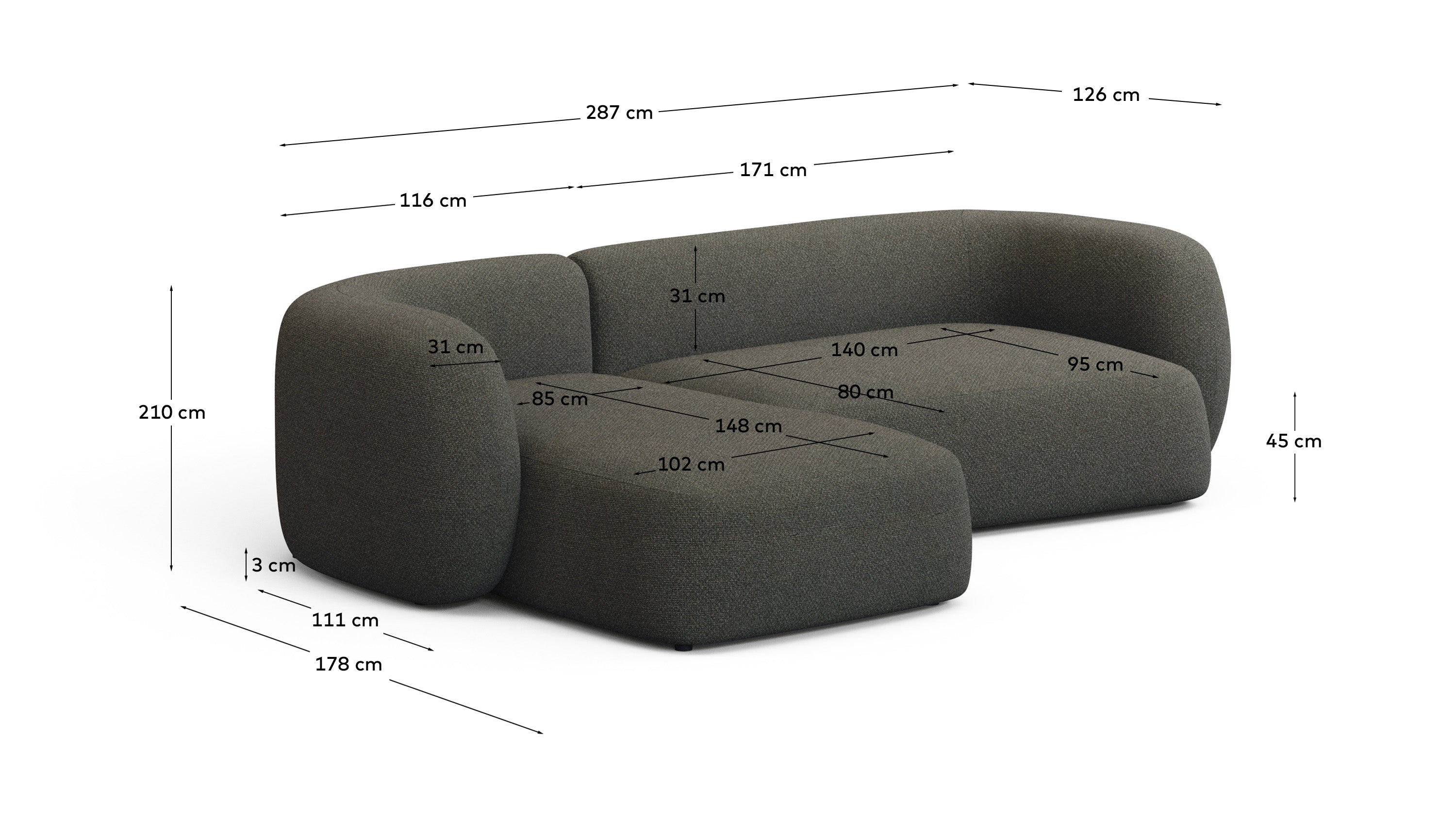 3-Sitzer-Modularsofa Martina mit grüner Chenille und Chaiselongue links 287 cm in Grün präsentiert im Onlineshop von KAQTU Design AG. 3er Sofa ist von Kave Home
