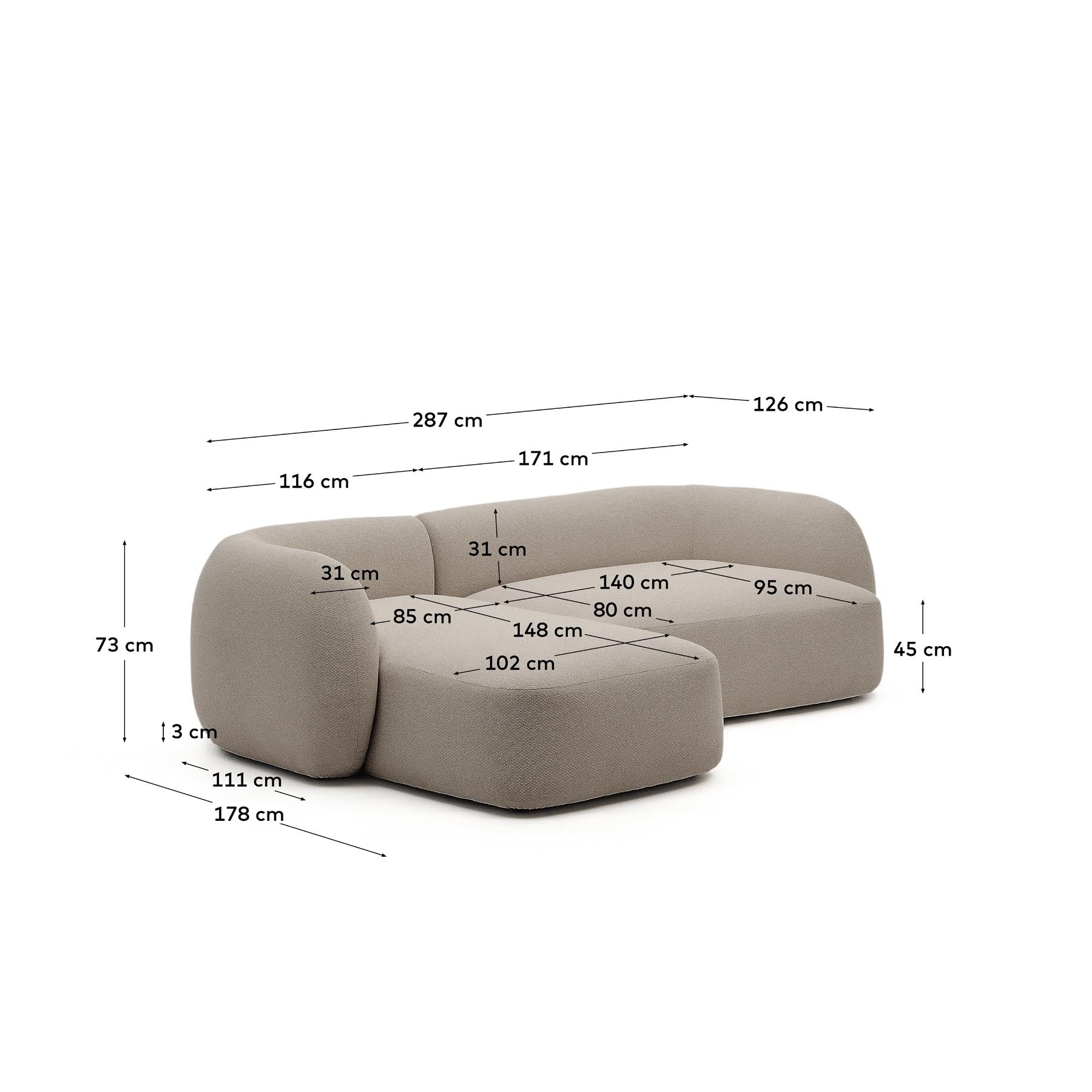 Schwer entflammbares 3-Sitzer-Modularsofa Martina mit Chenille und Chaiselongue links in Steinton 287 cm in Steinfarben präsentiert im Onlineshop von KAQTU Design AG. L-Sofa links ist von Kave Home