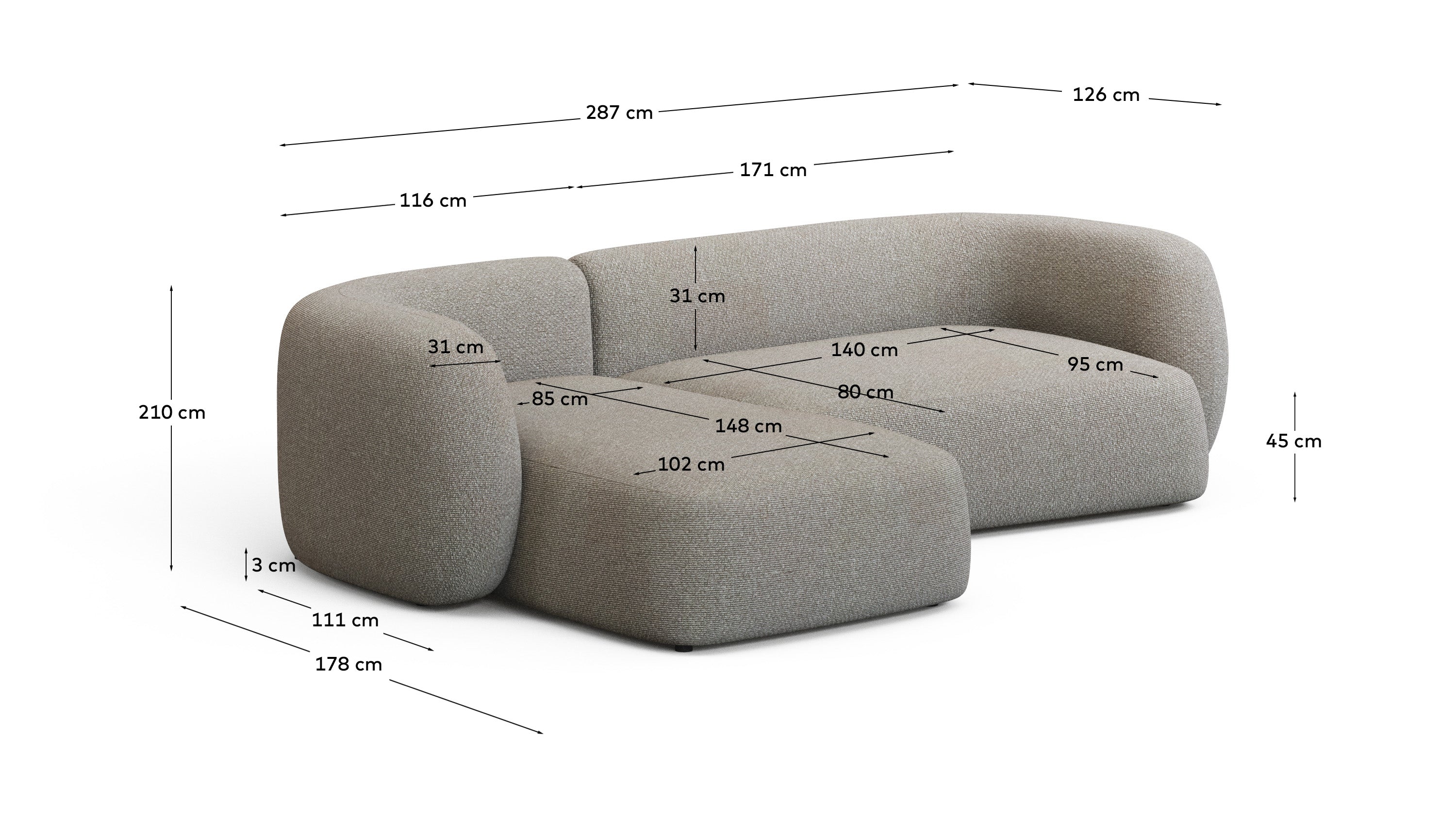 3-Sitzer-Modularsofa Martina mit Chenille und Chaiselongue links in Steinton 287 cm in Steinfarben präsentiert im Onlineshop von KAQTU Design AG. 3er Sofa ist von Kave Home