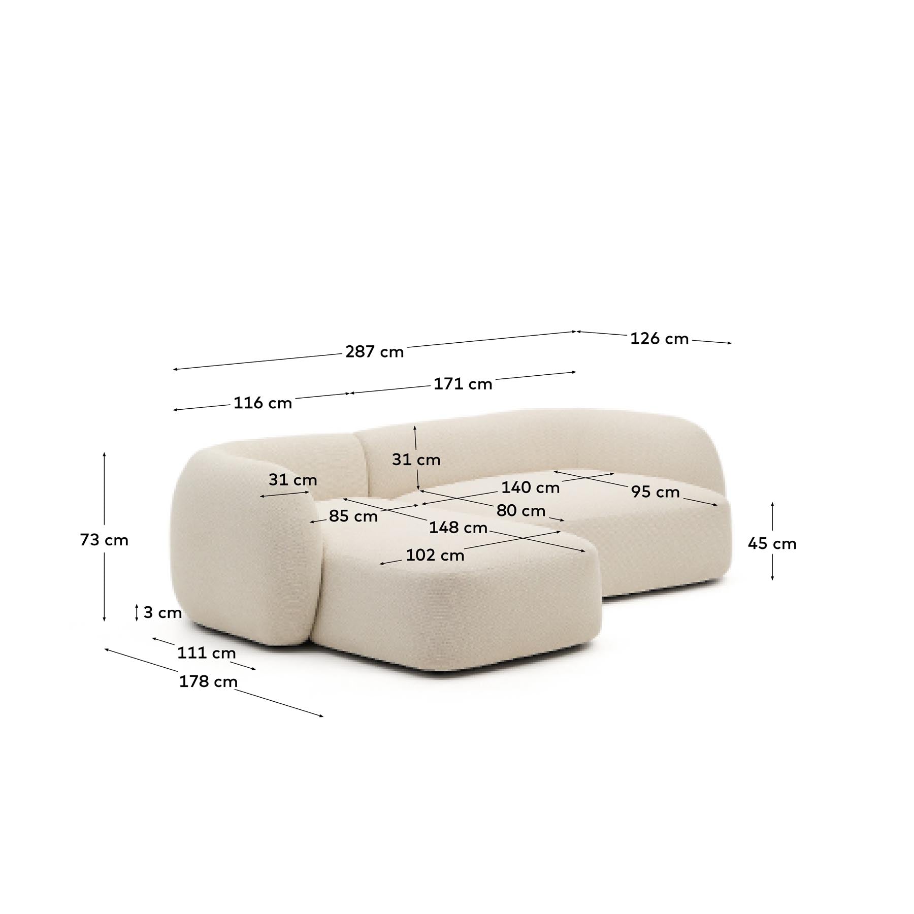 Schwer entflammbares 3-Sitzer-Modularsofa Martina mit Chenille und Chaiselongue links in Ecru 287 cm in Ecru präsentiert im Onlineshop von KAQTU Design AG. L-Sofa links ist von Kave Home