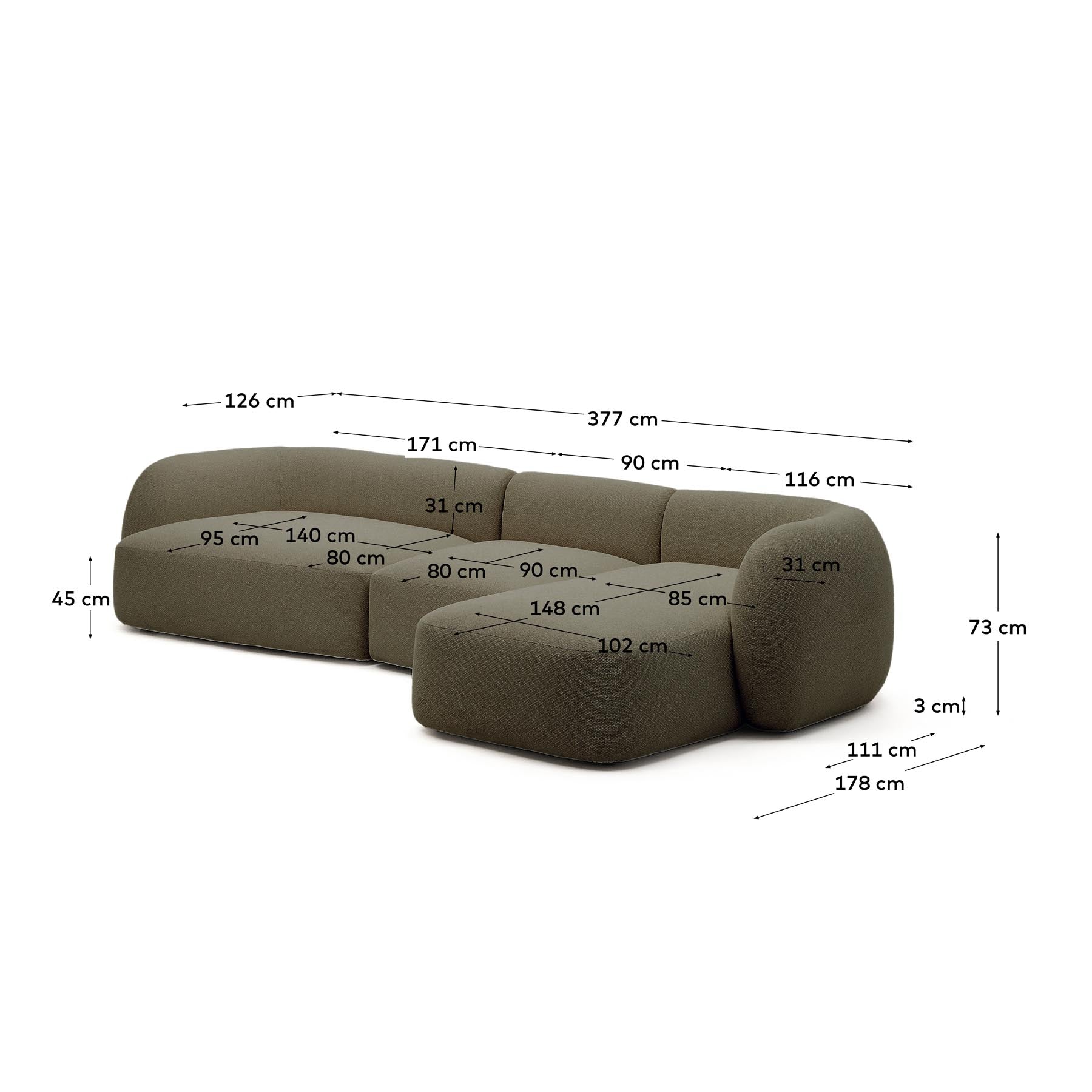 Schwer entflammbares 4-Sitzer-Modularsofa Martina mit Chenille und Chaiselongue rechts in Grün 377 cm in Grün präsentiert im Onlineshop von KAQTU Design AG. L-Sofa rechts ist von Kave Home