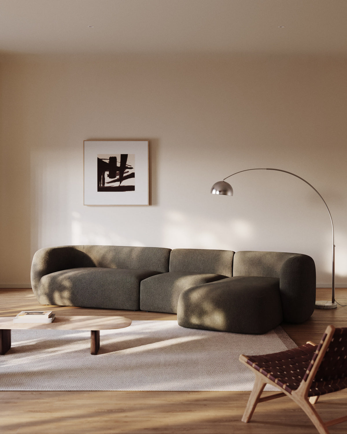 Schwer entflammbares 4-Sitzer-Modularsofa Martina mit Chenille und Chaiselongue rechts in Grün 377 cm in Grün präsentiert im Onlineshop von KAQTU Design AG. L-Sofa rechts ist von Kave Home