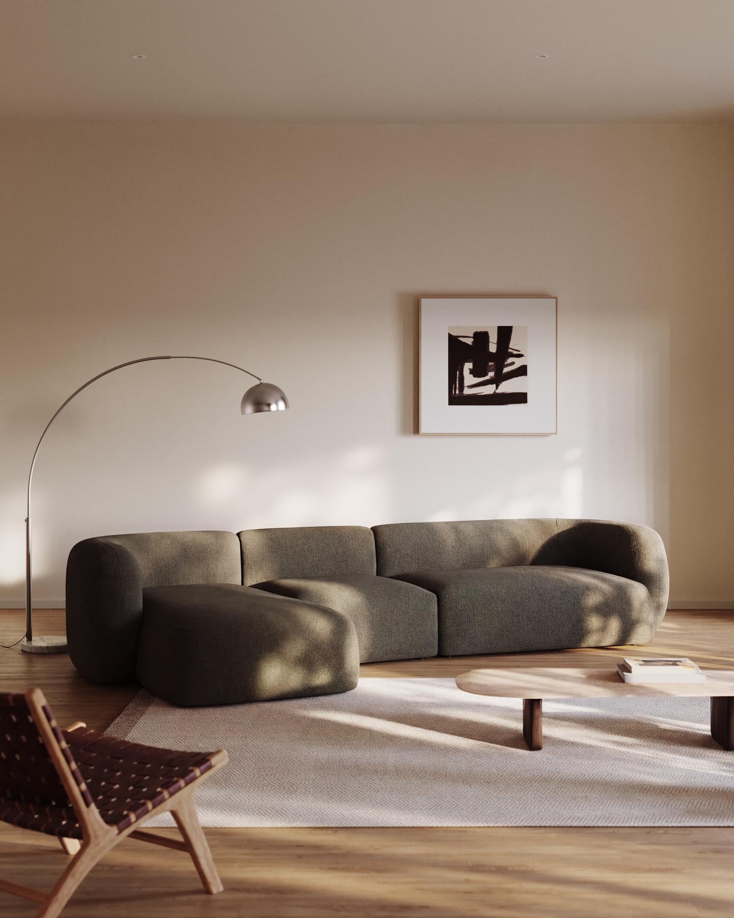 4-Sitzer-Modularsofa Martina mit Chenille und Chaiselongue links in Grün 377 cm in Grün präsentiert im Onlineshop von KAQTU Design AG. L-Sofa rechts ist von Kave Home