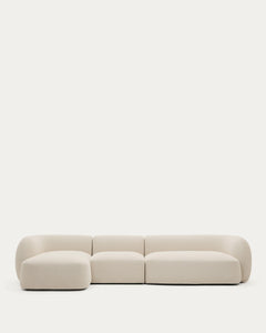 Divano modulare Martina a 4 posti con rivestimento in ciniglia e chaise longue, ignifugo.<tc>elo</tc>linguette in ecru 377 cm