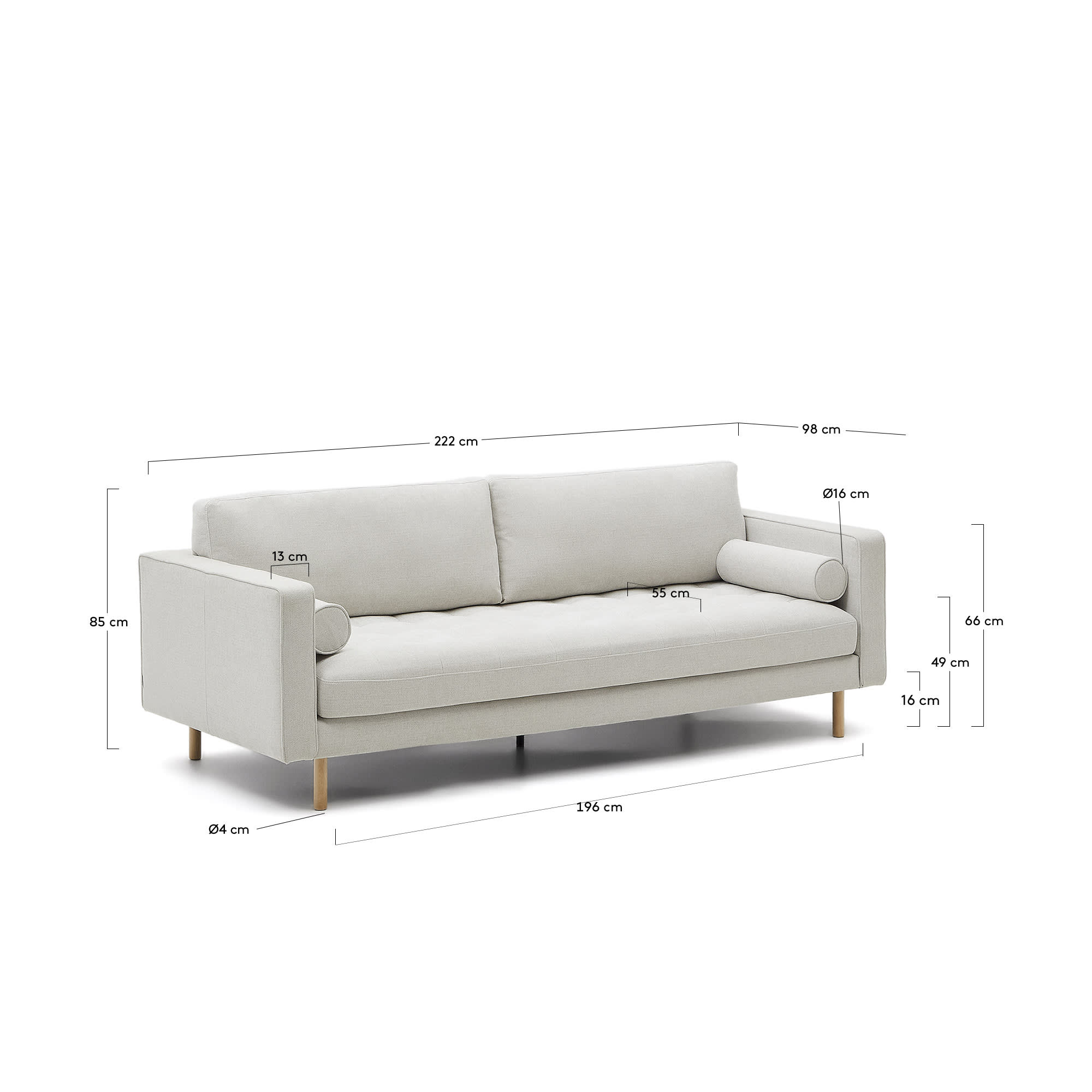 Entdecken Sie das Debra 3-Sitzer-Sofa von Kave Home: Elegantes Design in perlfarbener Chenille, 222 cm für maximalen Komfort und natürliche Beine.