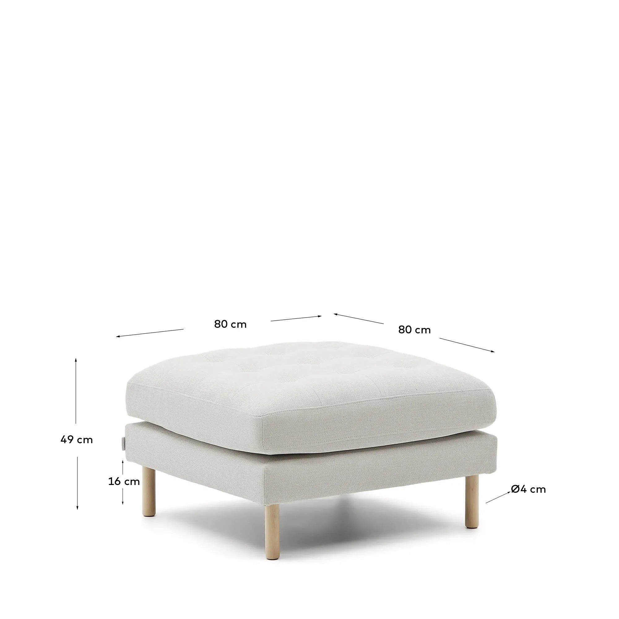 Elegante Fußablage in perlfarbener Chenille, 80x80 cm, mit natürlichem Holzfinish. Vielseitig und komfortabel.