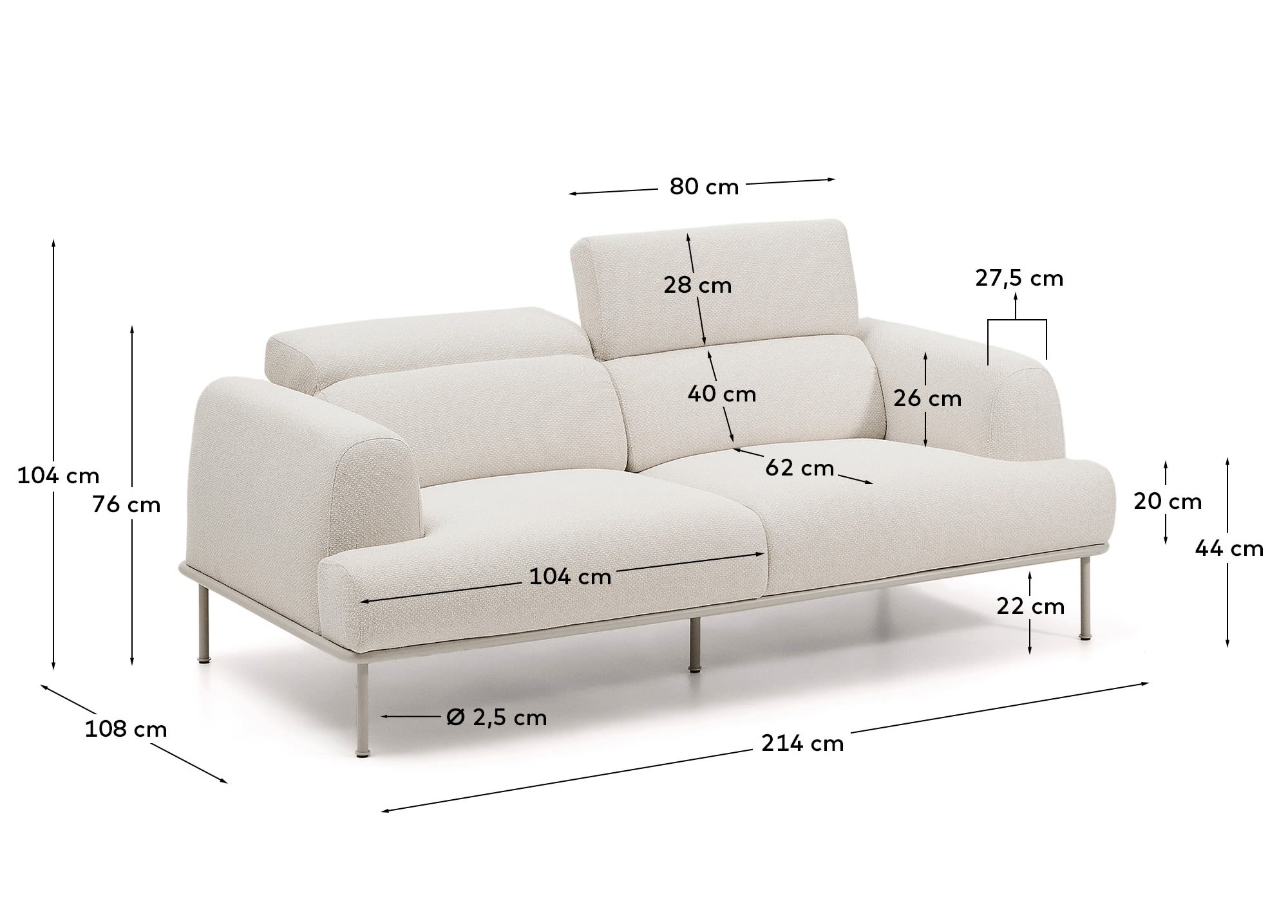 2-Sitzer-Sofa Aurum aus ecrufarbener Chenille mit verstellbarem Kopfteil und mattbeiger Me in Ecru präsentiert im Onlineshop von KAQTU Design AG. 2er Sofa ist von Kave Home