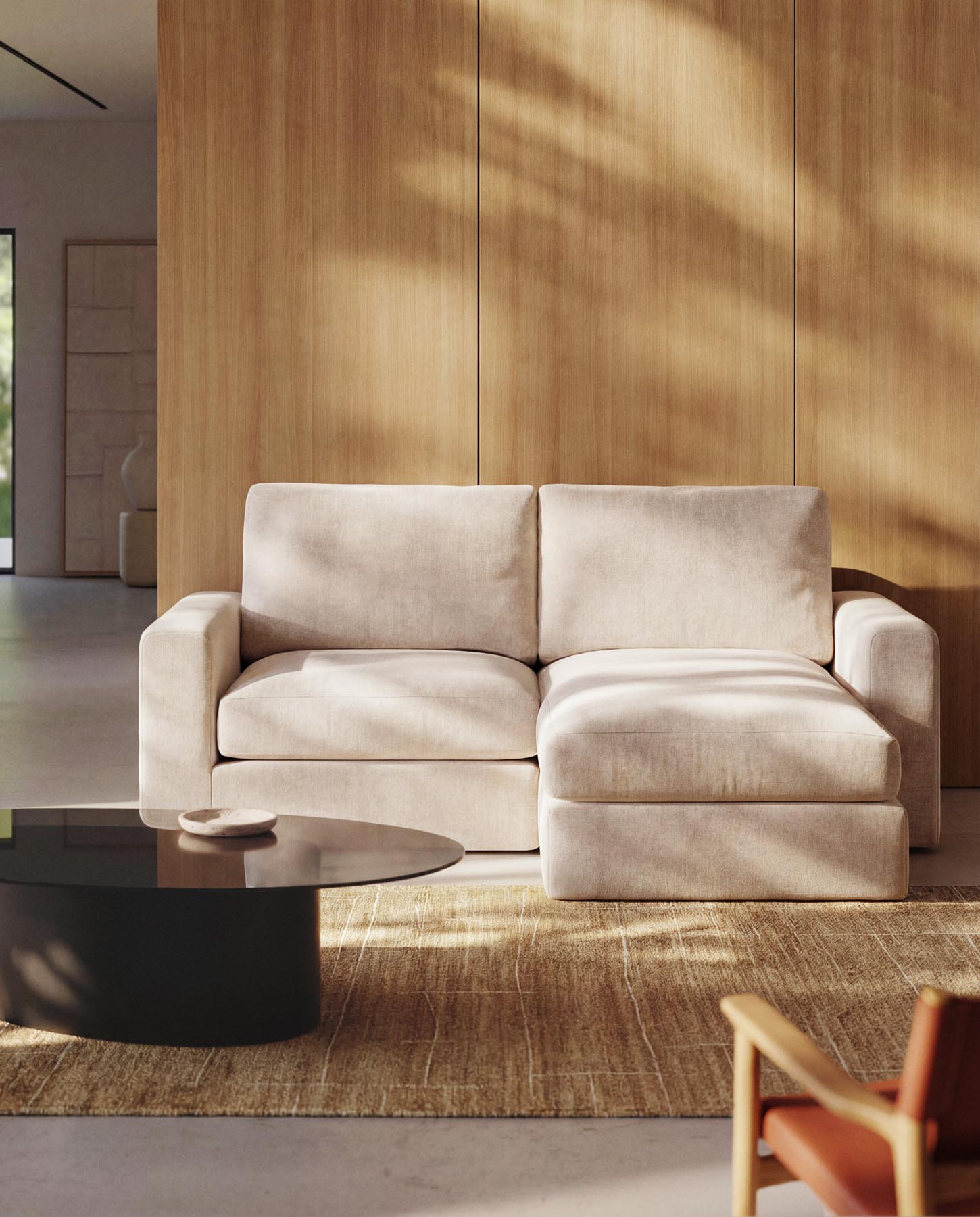 Modulares Sofa Alea für 3 Personen mit abnehmbarem Bezug aus Chenille mit Chaiselongue rechts in Beige, 220 cm in Beige präsentiert im Onlineshop von KAQTU Design AG. 3er Sofa ist von Kave Home