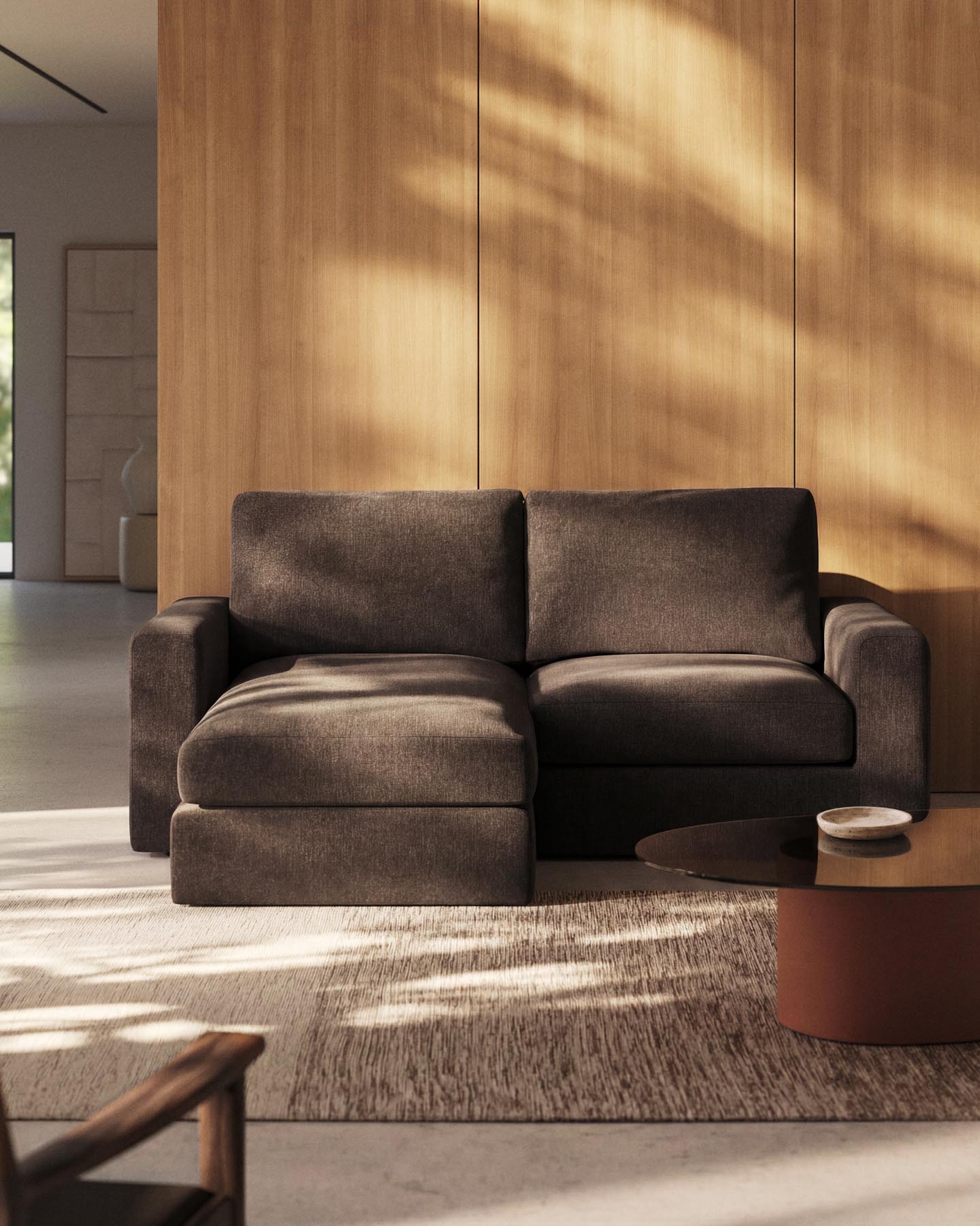 Modulares Sofa Alea für 3 Personen mit abnehmbarem Bezug aus Chenille mit Chaiselongue links in Dunkelbraun, 220 cm in Dunkelbraun präsentiert im Onlineshop von KAQTU Design AG. 3er Sofa ist von Kave Home