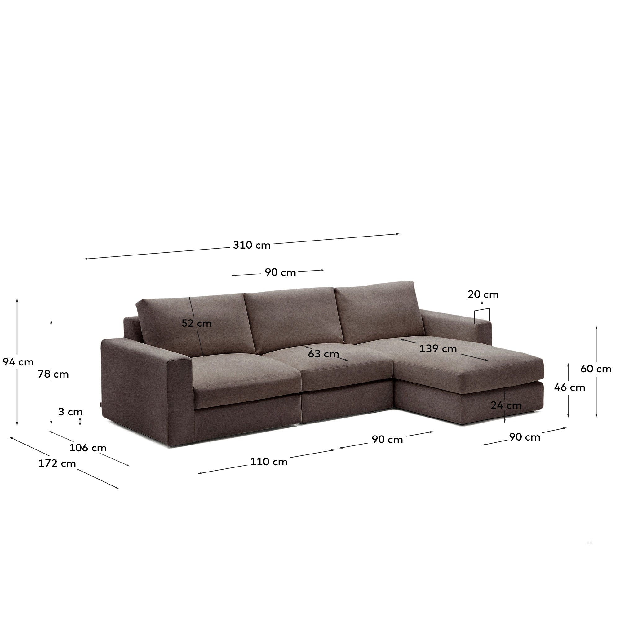 Modulares Sofa Alea für 4 Personen mit abnehmbarem Bezug aus Chenille mit Chaiselongue rechts in Dunkelbraun, 310 cm in Dunkelbraun präsentiert im Onlineshop von KAQTU Design AG. 3er Sofa ist von Kave Home