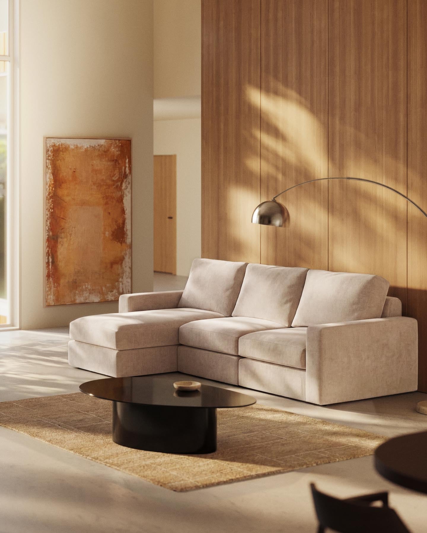 Modulares Sofa Alea für 4 Personen mit abnehmbarem Bezug aus Chenille mit Chaiselongue links in Beige, 310 cm in Beige präsentiert im Onlineshop von KAQTU Design AG. 3er Sofa ist von Kave Home