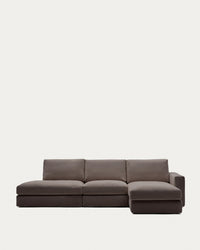 Modulares Sofa Alea für 5 Personen mit abnehmbarem Bezug aus dunkelbrauner Chenille und Chaiselongue rechts, 340 cm