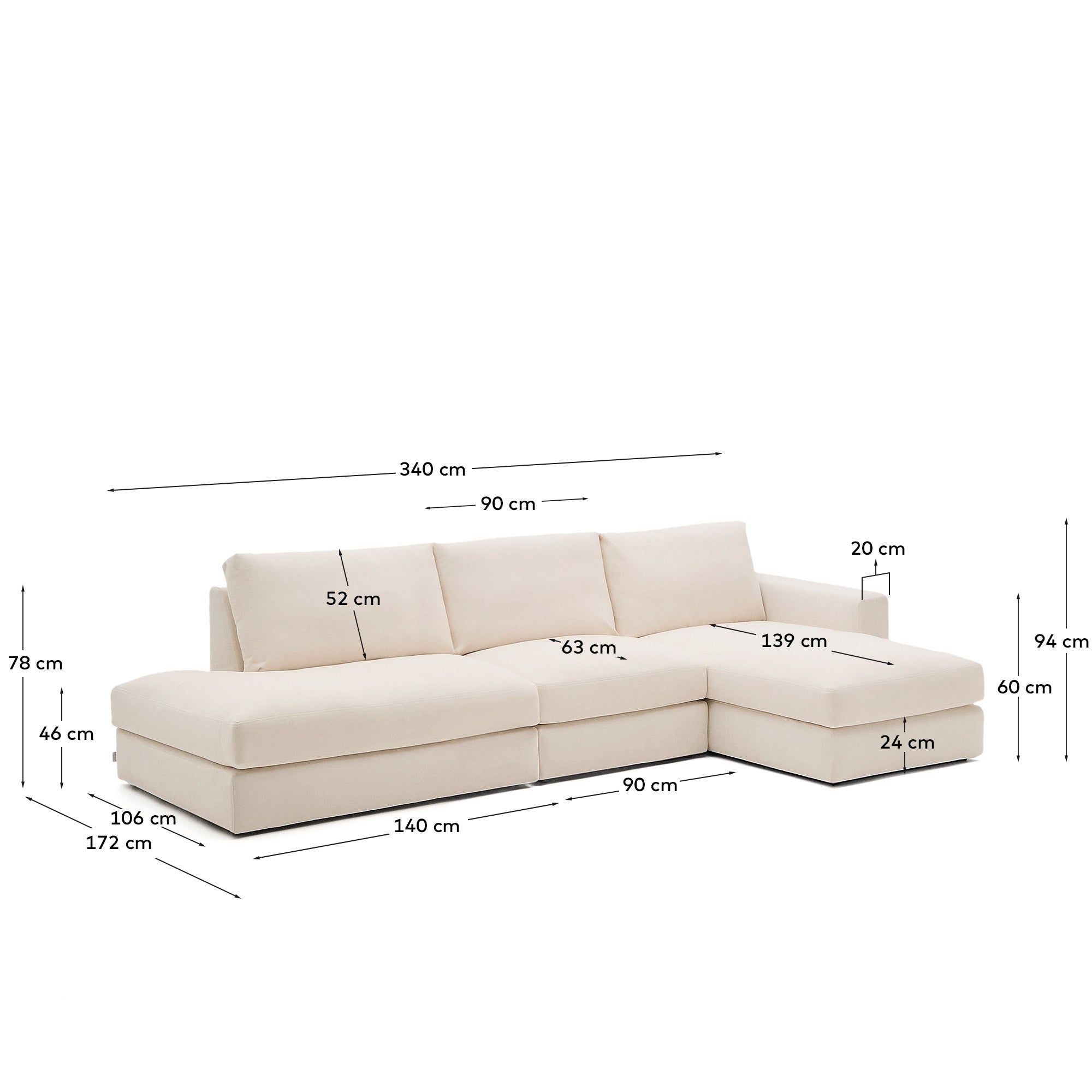 Modulares Sofa Alea für 5 Personen mit abnehmbarem Bezug aus Chenille mit Chaiselongue rechts in Beige, 340 cm in Beige präsentiert im Onlineshop von KAQTU Design AG. 3er Sofa ist von Kave Home