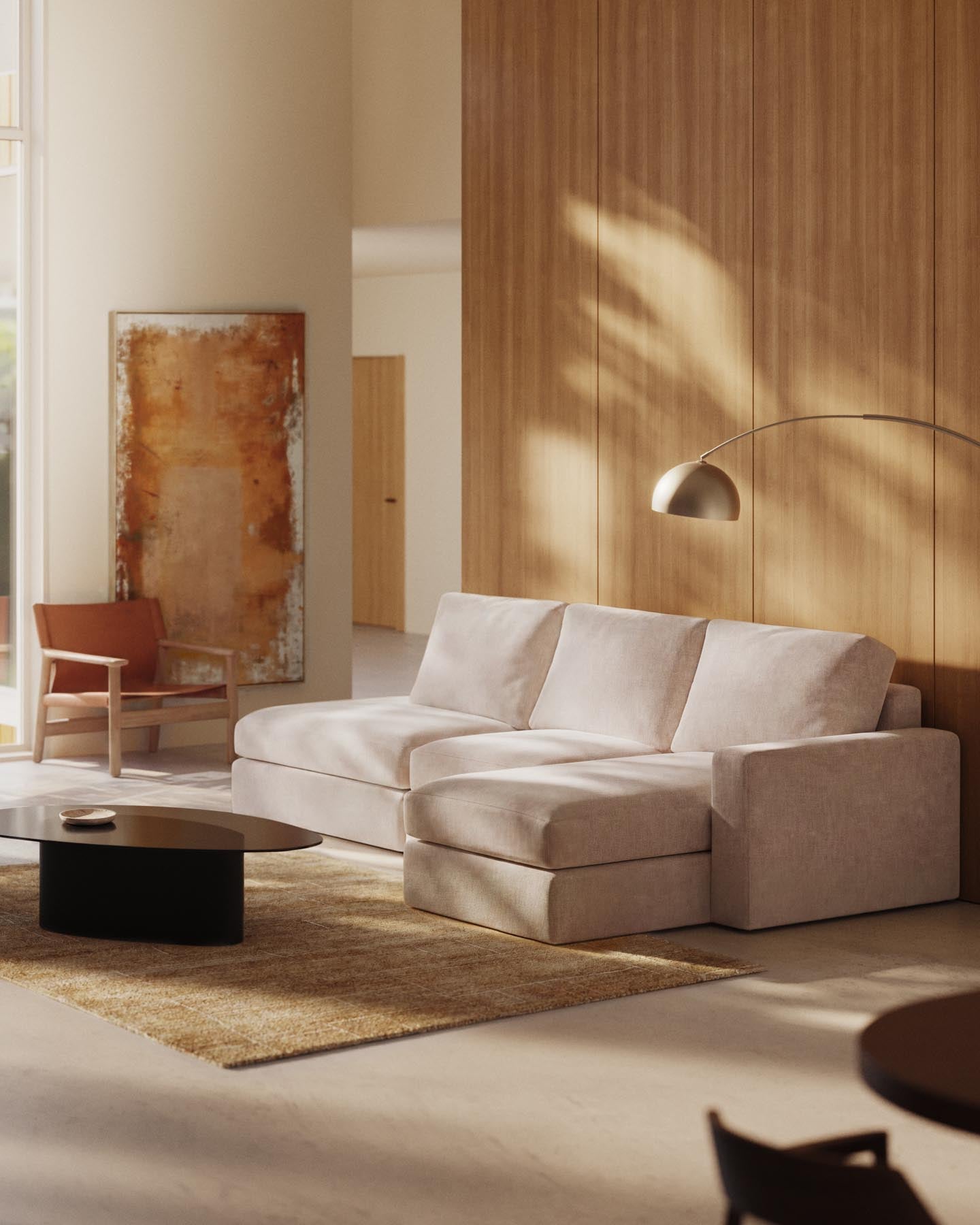 Modulares Sofa Alea für 5 Personen mit abnehmbarem Bezug aus Chenille mit Chaiselongue rechts in Beige, 340 cm in Beige präsentiert im Onlineshop von KAQTU Design AG. 3er Sofa ist von Kave Home