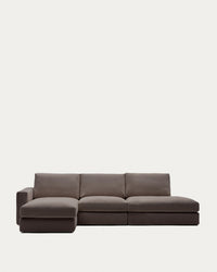 Modulares Sofa Alea für 5 Personen mit abnehmbarem Bezug aus dunkelbrauner Chenille und Chaiselongue links, 340 cm
